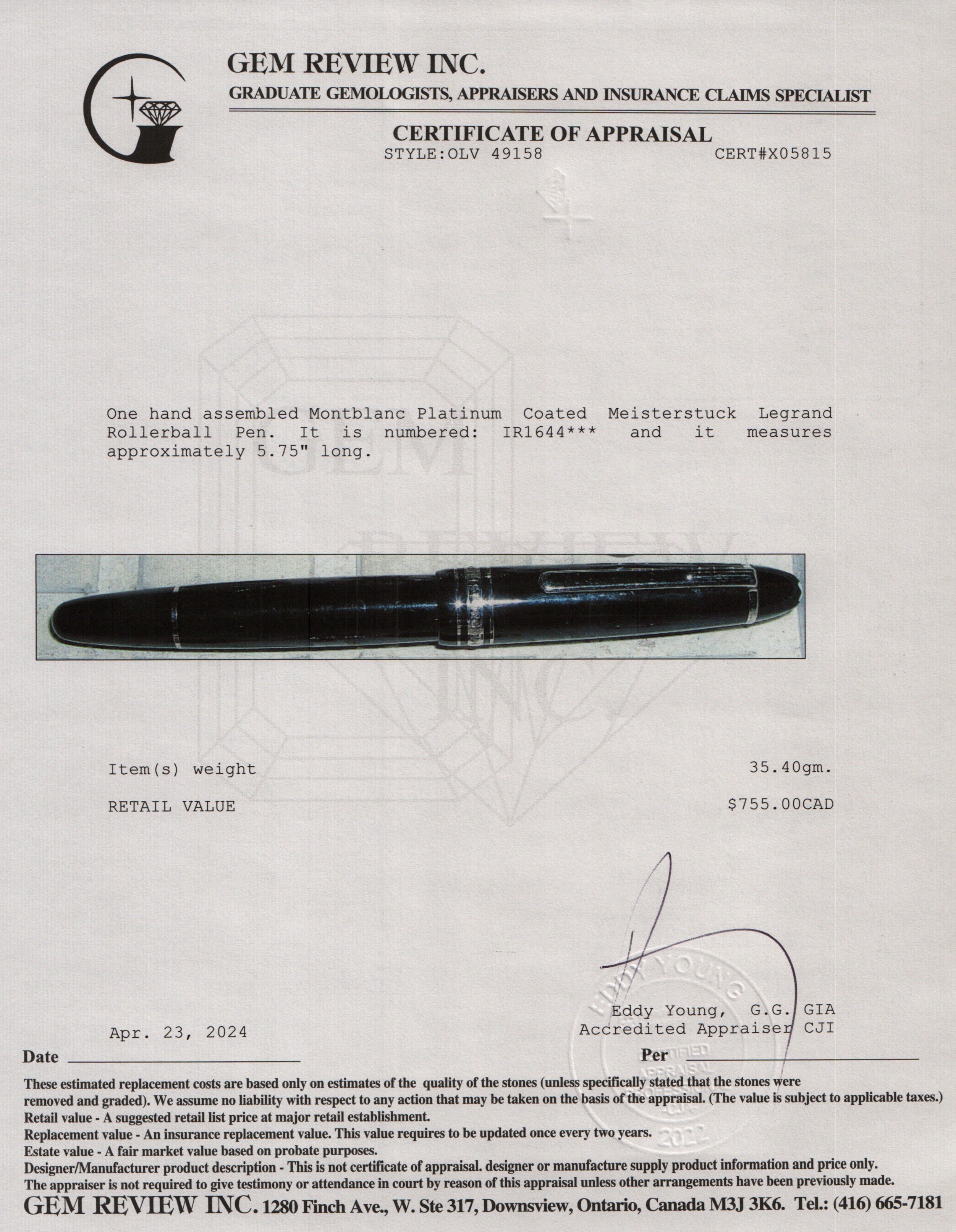 Montblanc Platinum Coated Meisterstuck Legrand Rollerball Pen