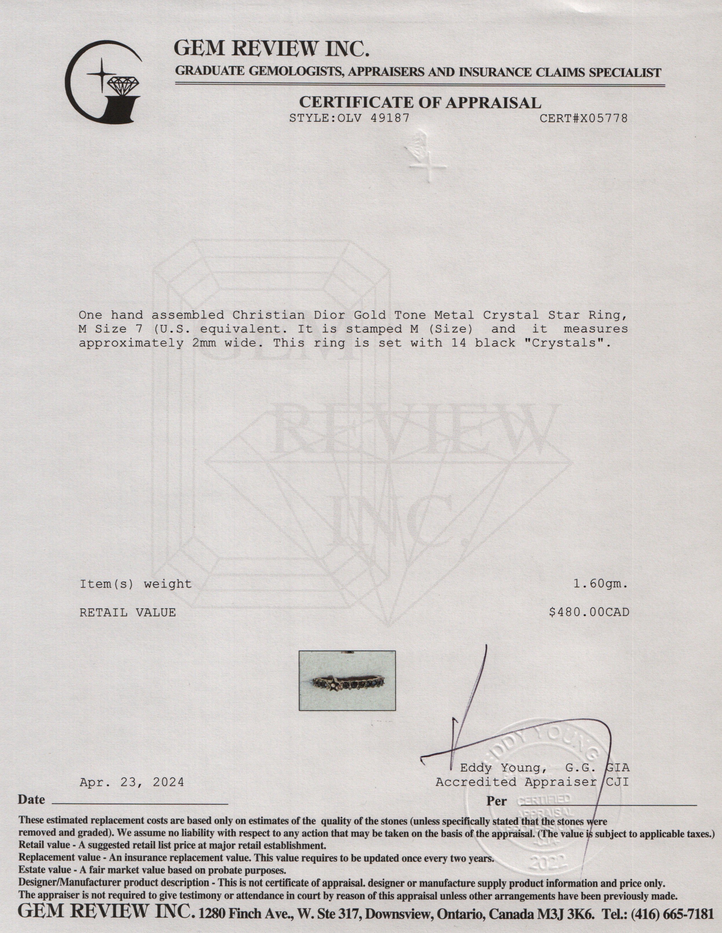 Christian Dior Gold Tone Metal Crystal Star Ring, M Size 7