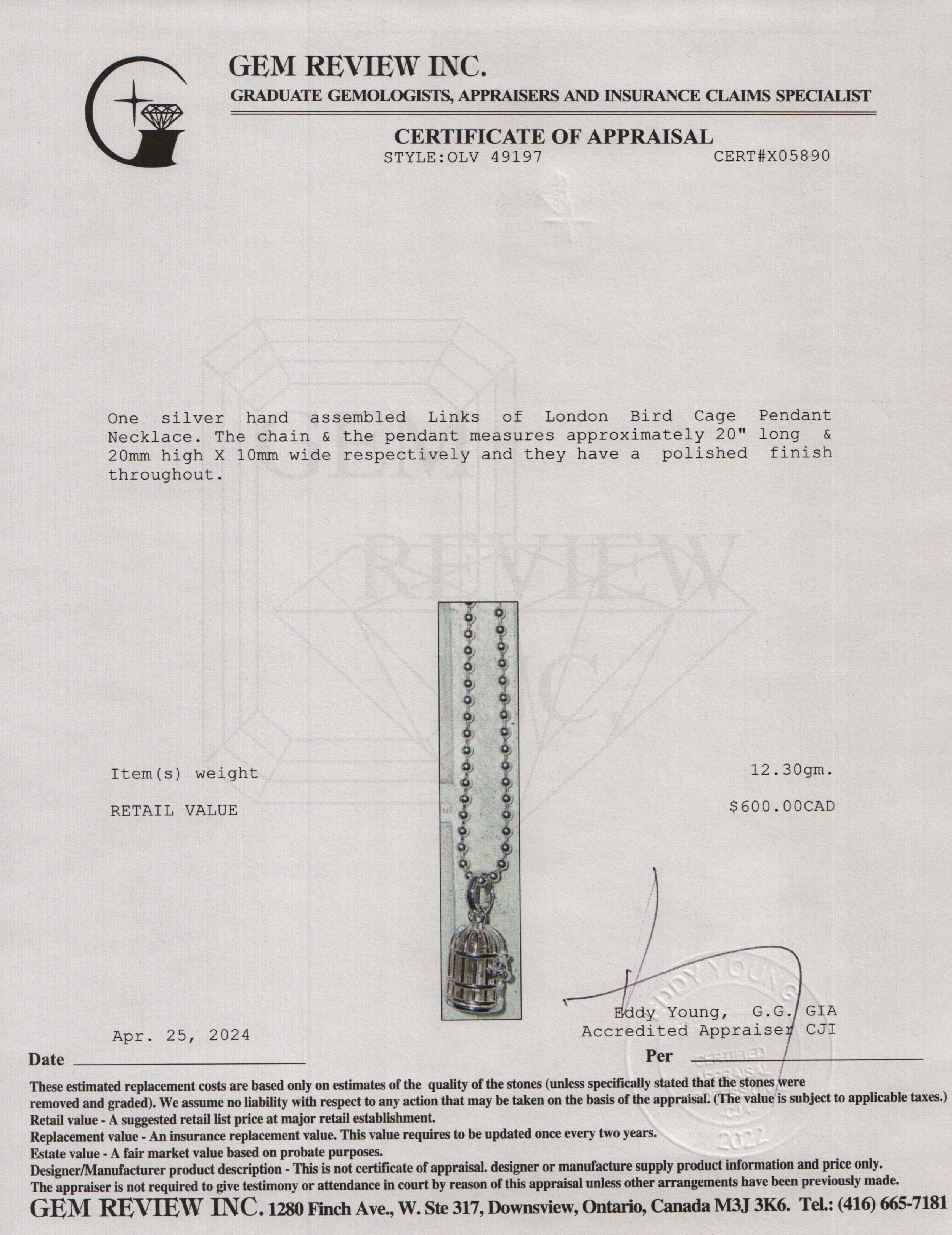 Links of London Sterling Silver Bird Cage Pendant Necklace w/ Box