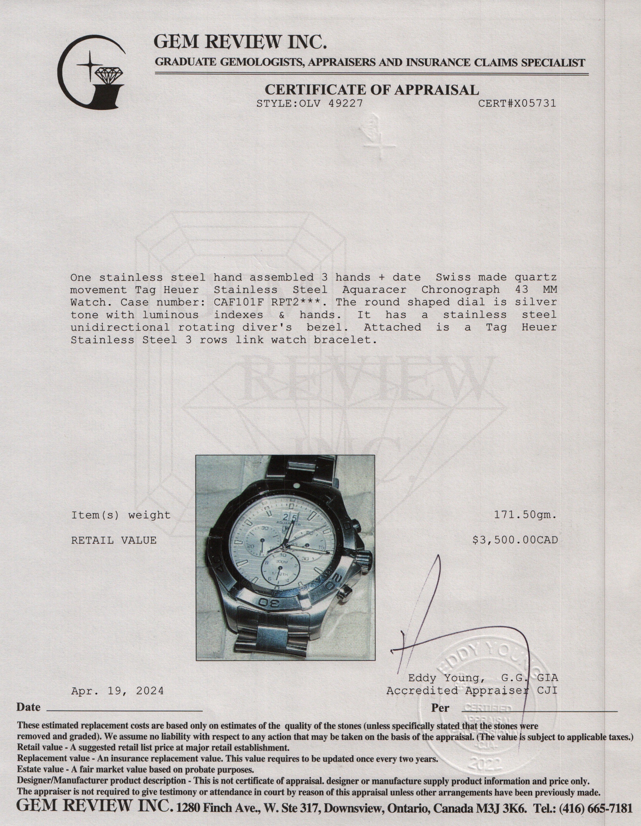 Tag Heuer Stainless Steel Aquaracer Chronograph 43 MM Watch