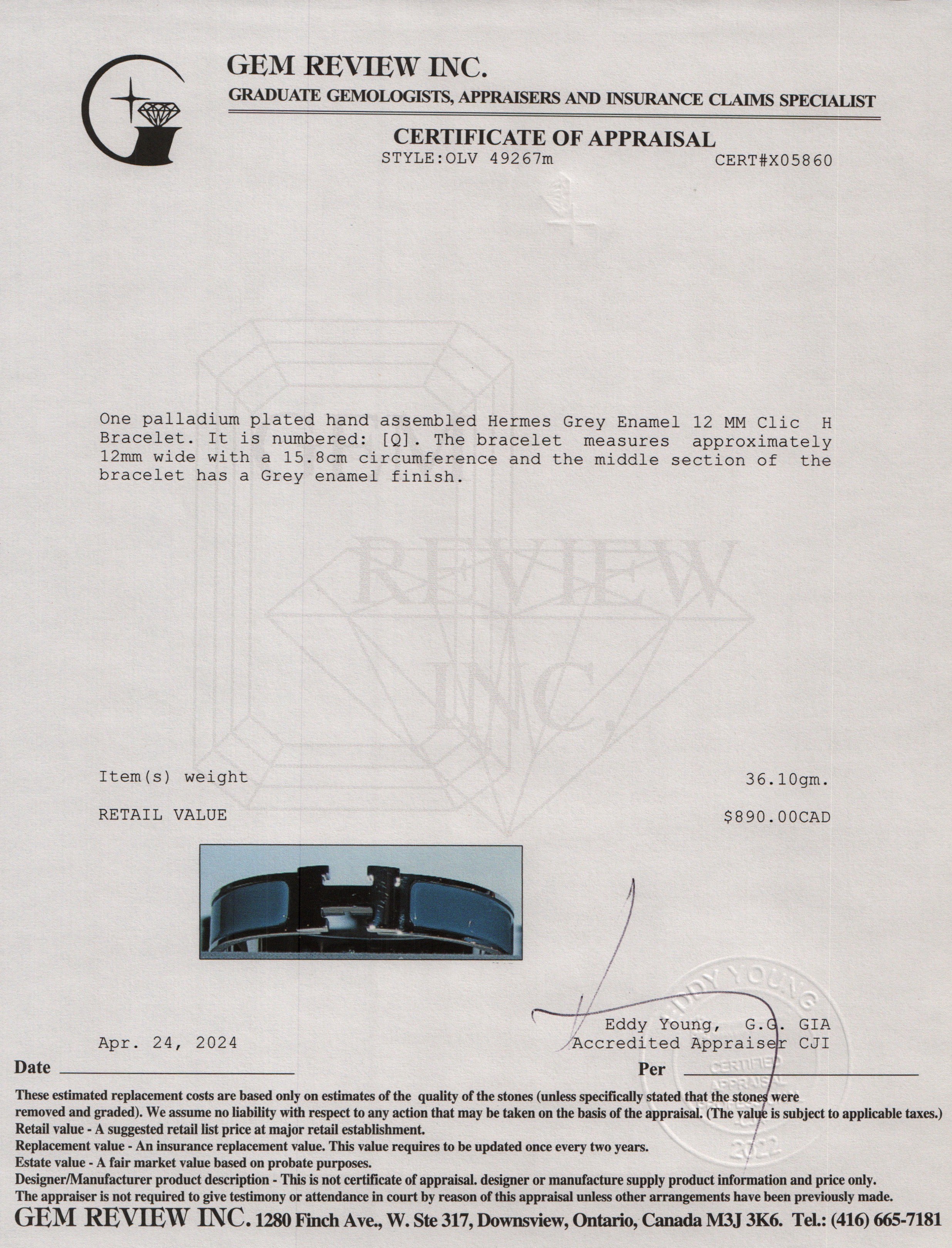 Hermes Palladium Plated Grey Enamel 12 MM Clic H Bracelet