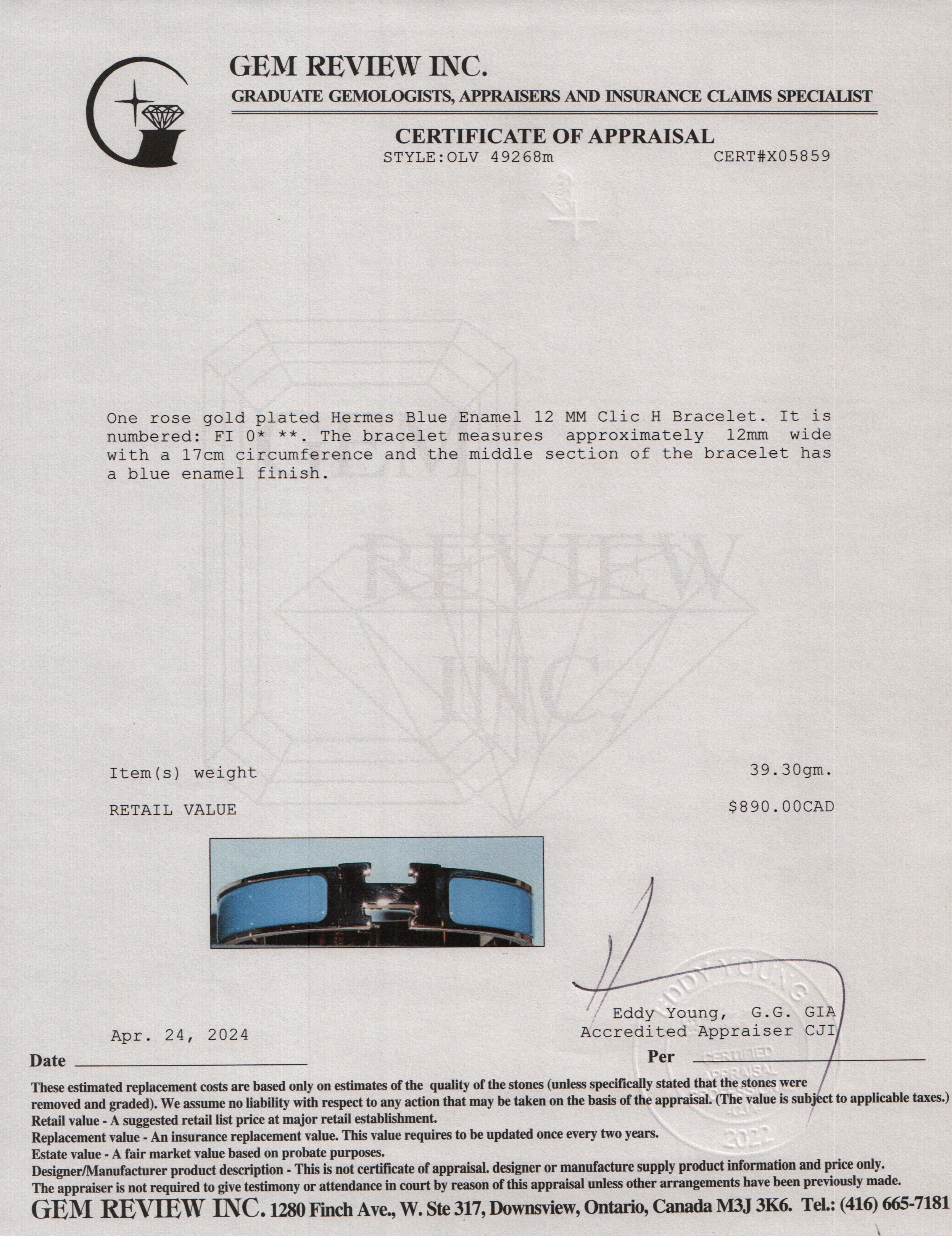 Hermes Rose Gold-Plated Blue Enamel 12 MM Clic H Bracelet