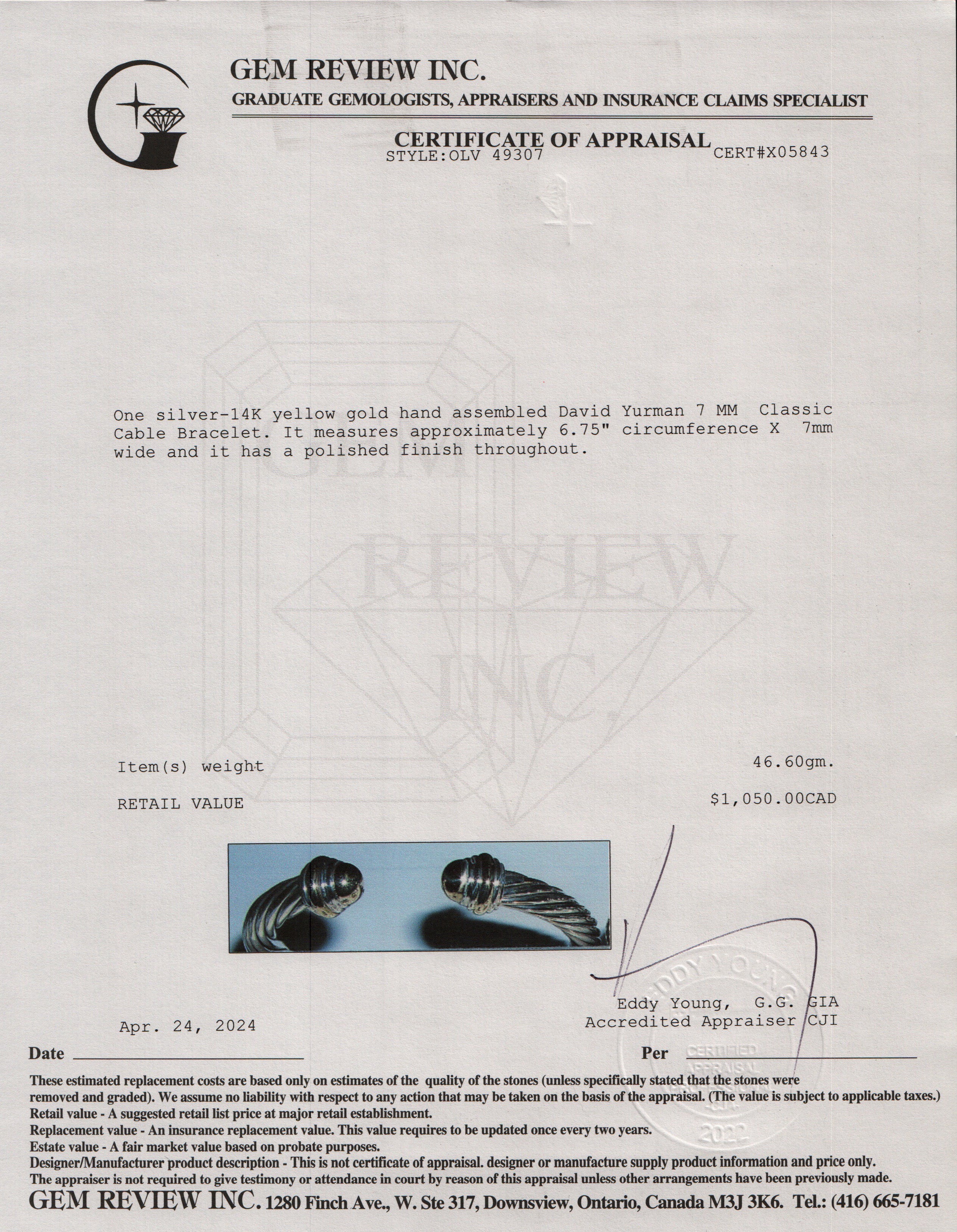 David Yurman Sterling Silver & 14k Yellow Gold 7 MM Classic Cable Bracelet