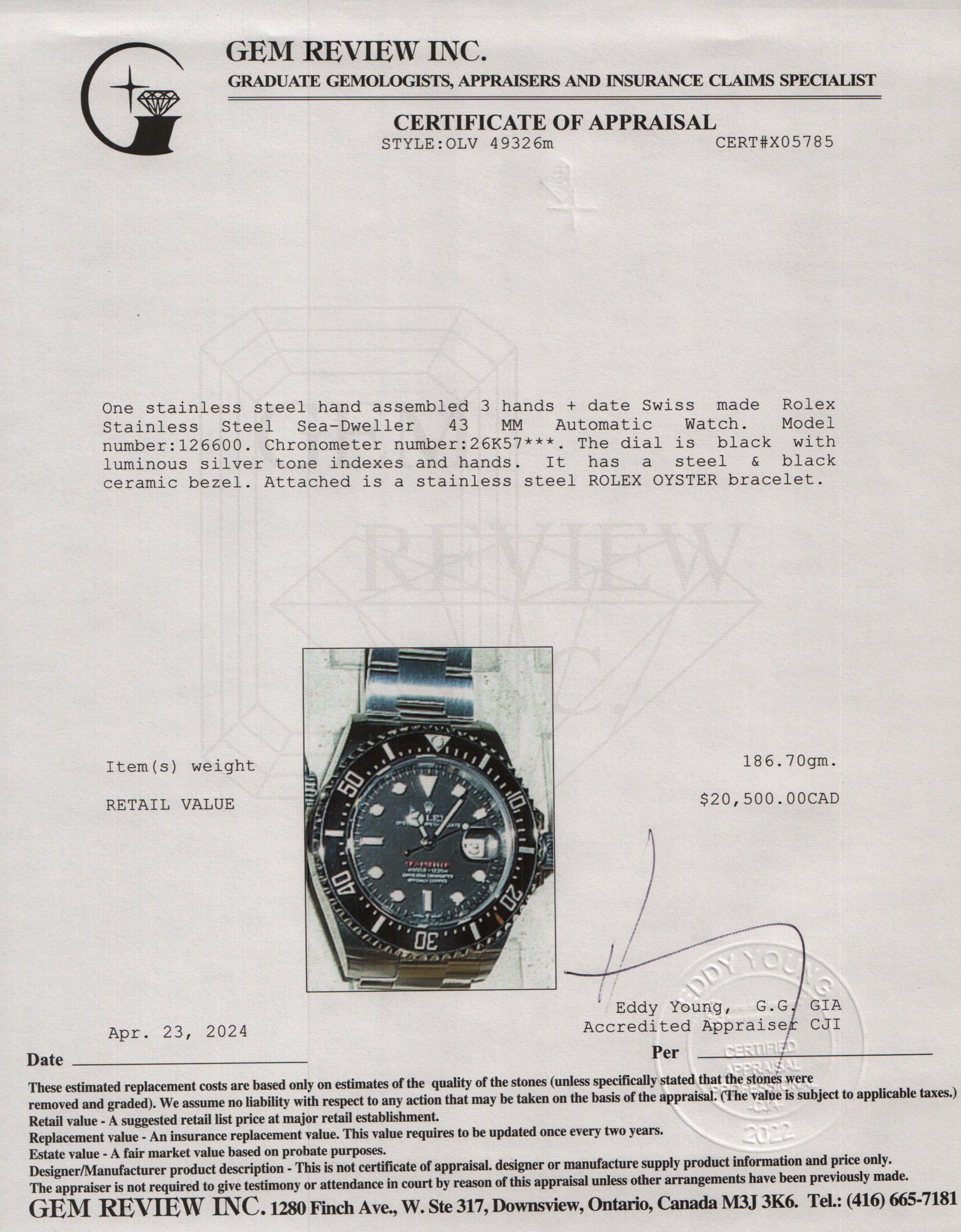Rolex Stainless Steel Sea-Dweller 43 MM Automatic Watch 126600