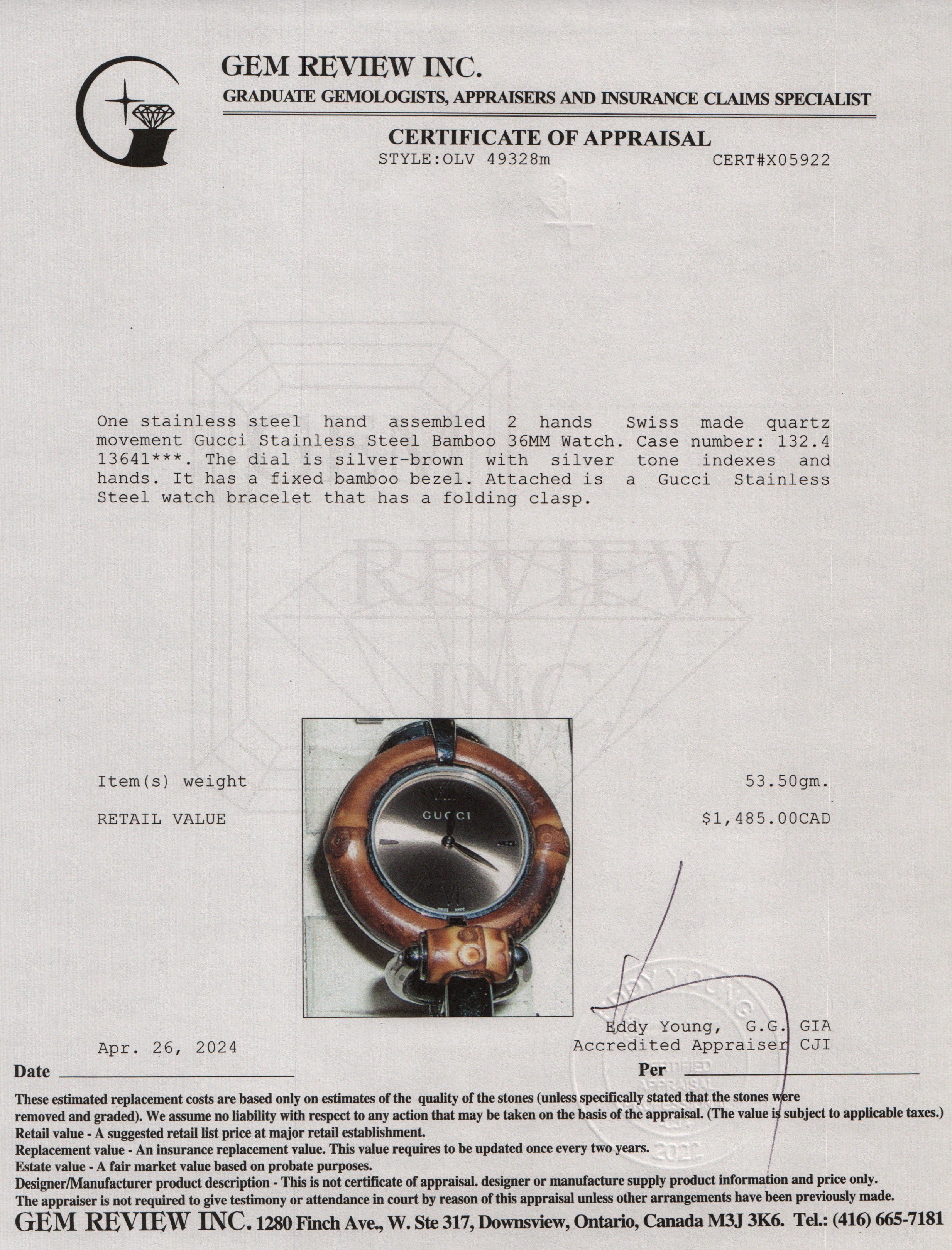 Gucci Stainless Steel Bamboo 36MM Watch