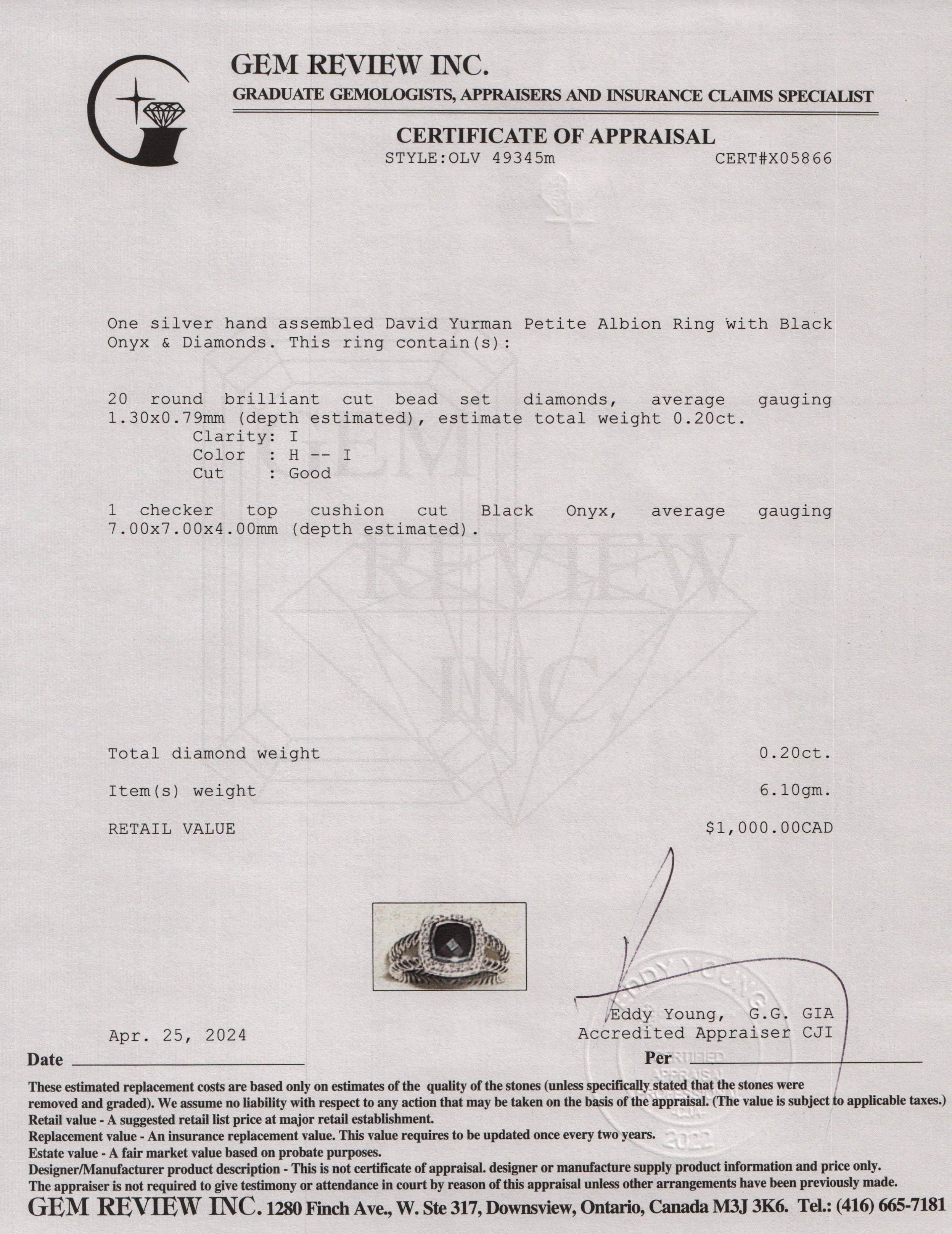 David Yurman Sterling Silver Petite Albion Ring with Black Onyx & Diamonds, Size 6