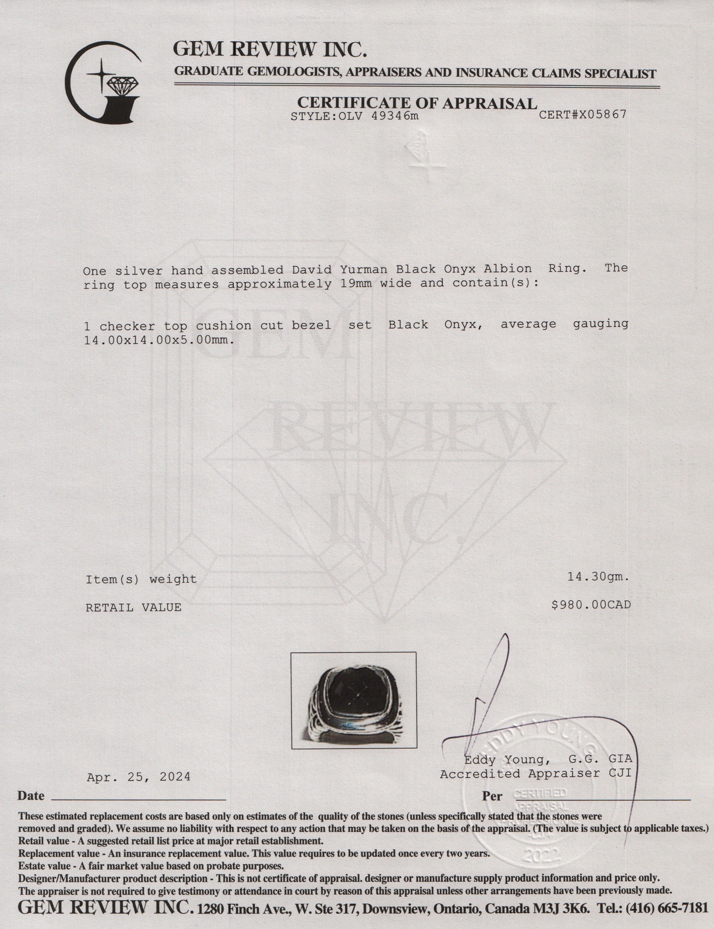 David Yurman Sterling Silver Black Onyx Albion Ring, Size 8