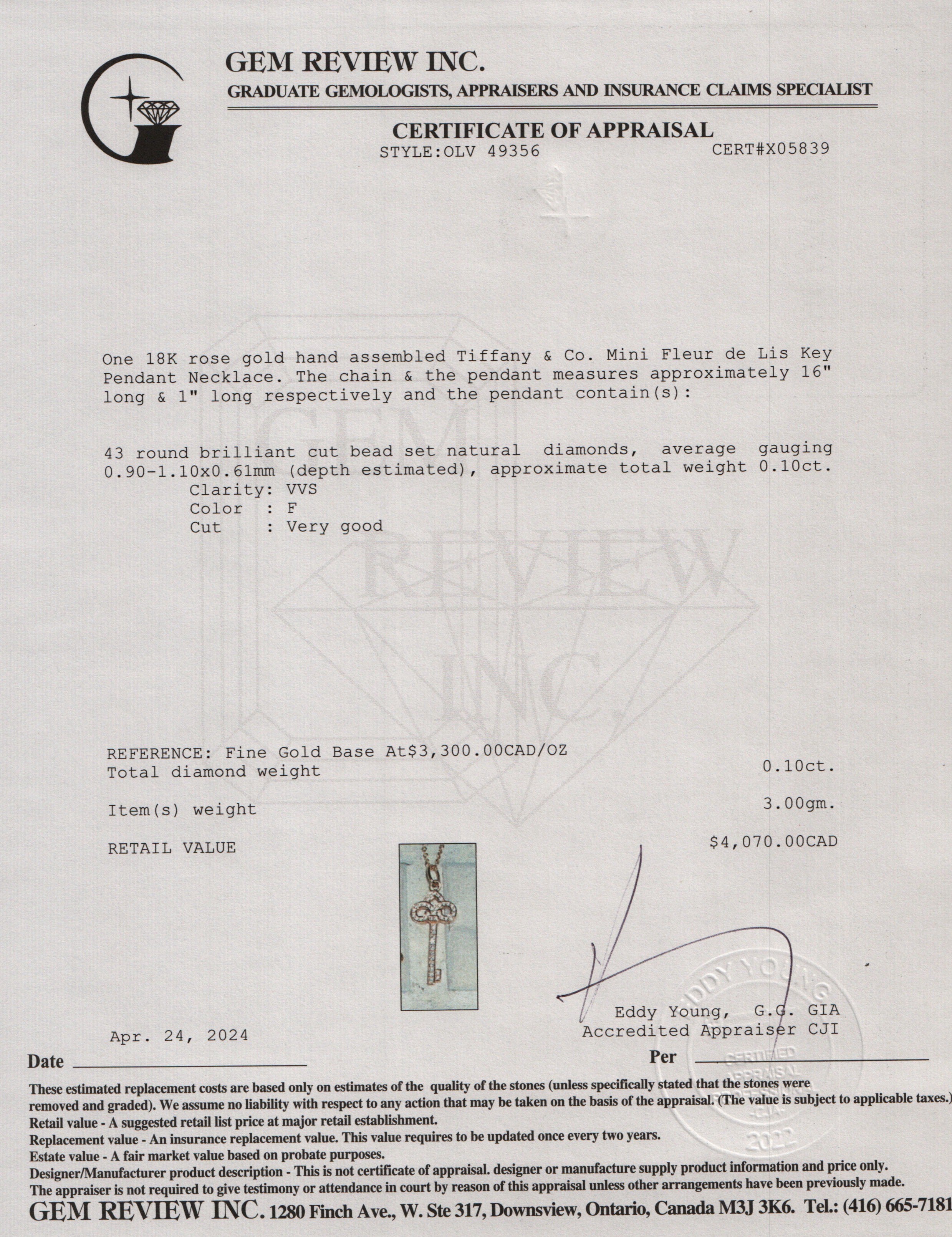 Tiffany & Co. 18k Rose Gold Mini Fleur de Lis Key Pendant Necklace w/ Box