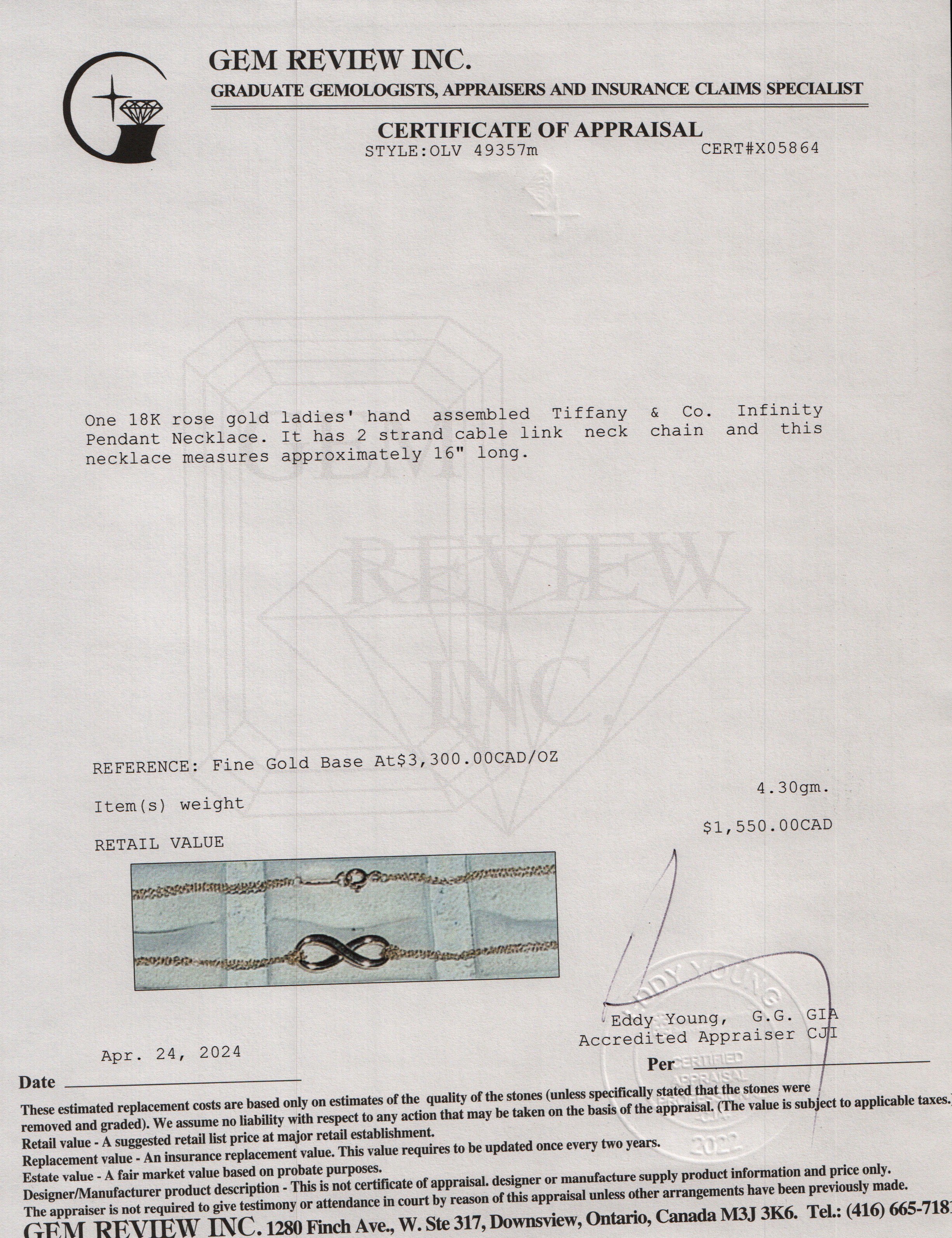 Tiffany & Co. 18k Rose Gold Infinity Pendant Necklace w/ Box