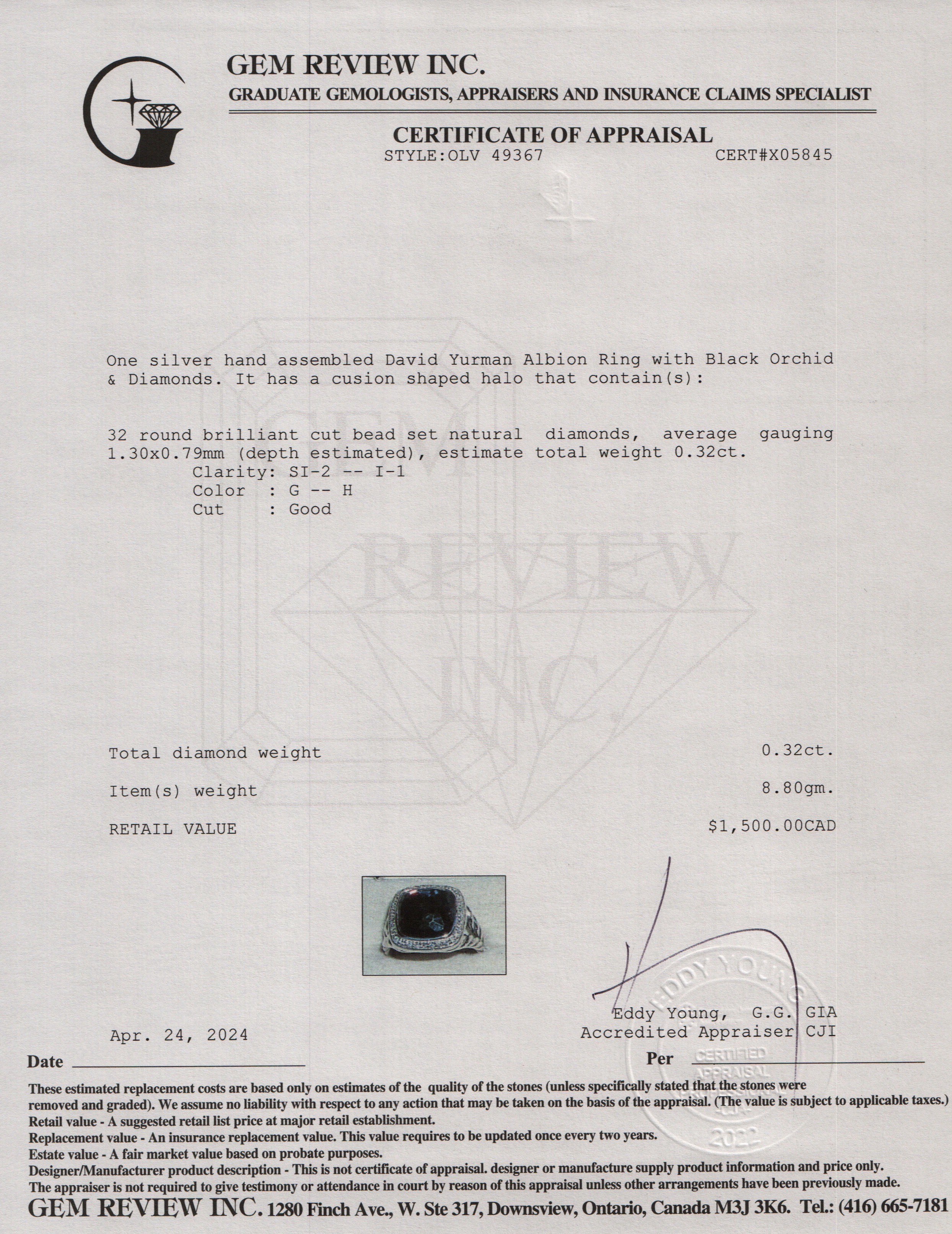 David Yurman Sterling Silver Albion Ring with Black Orchid & Diamonds, Size 6