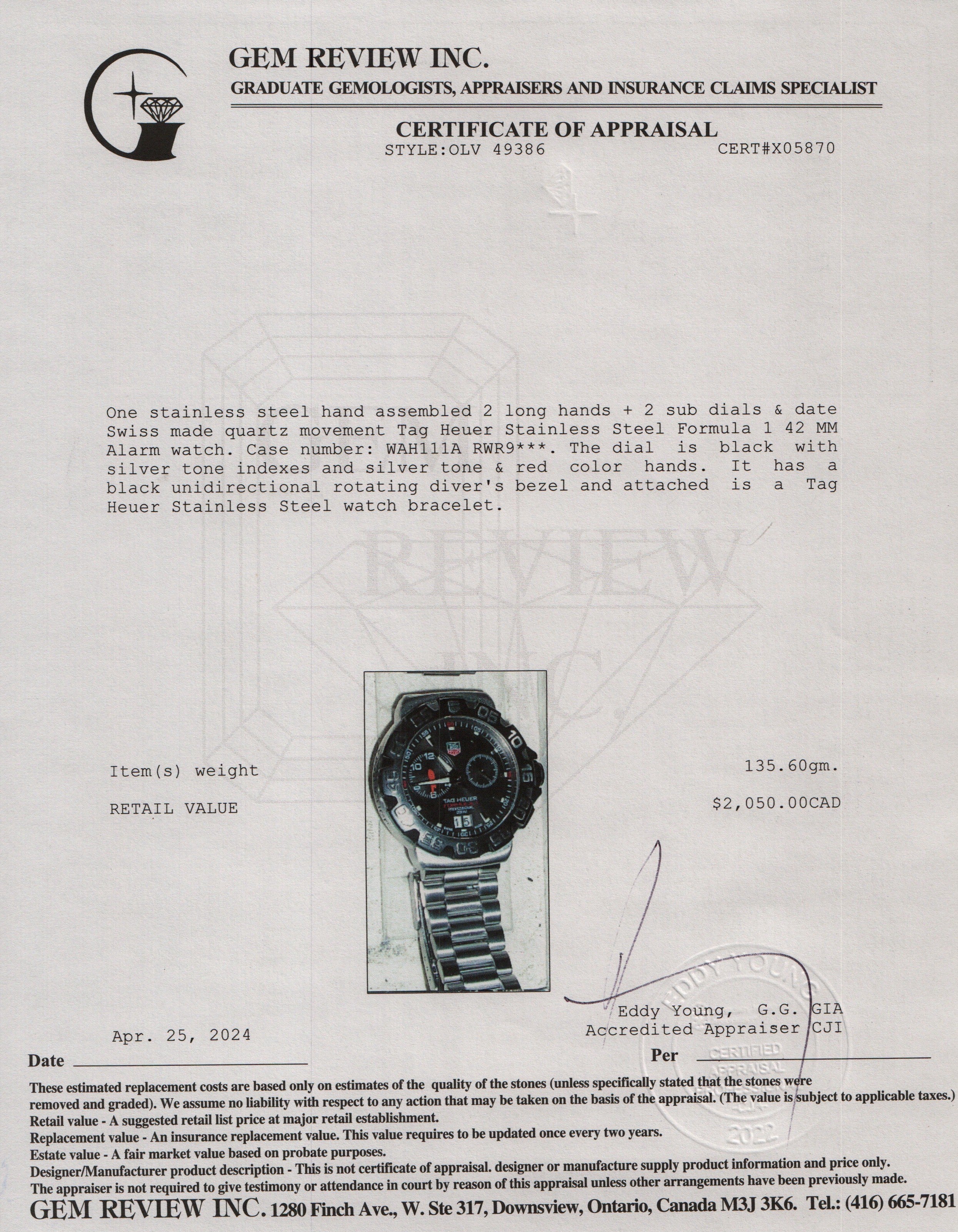 Tag Heuer Stainless Steel Formula 1 42 MM Chronograph Alarm Watch WAH111A w/ Box & Papers