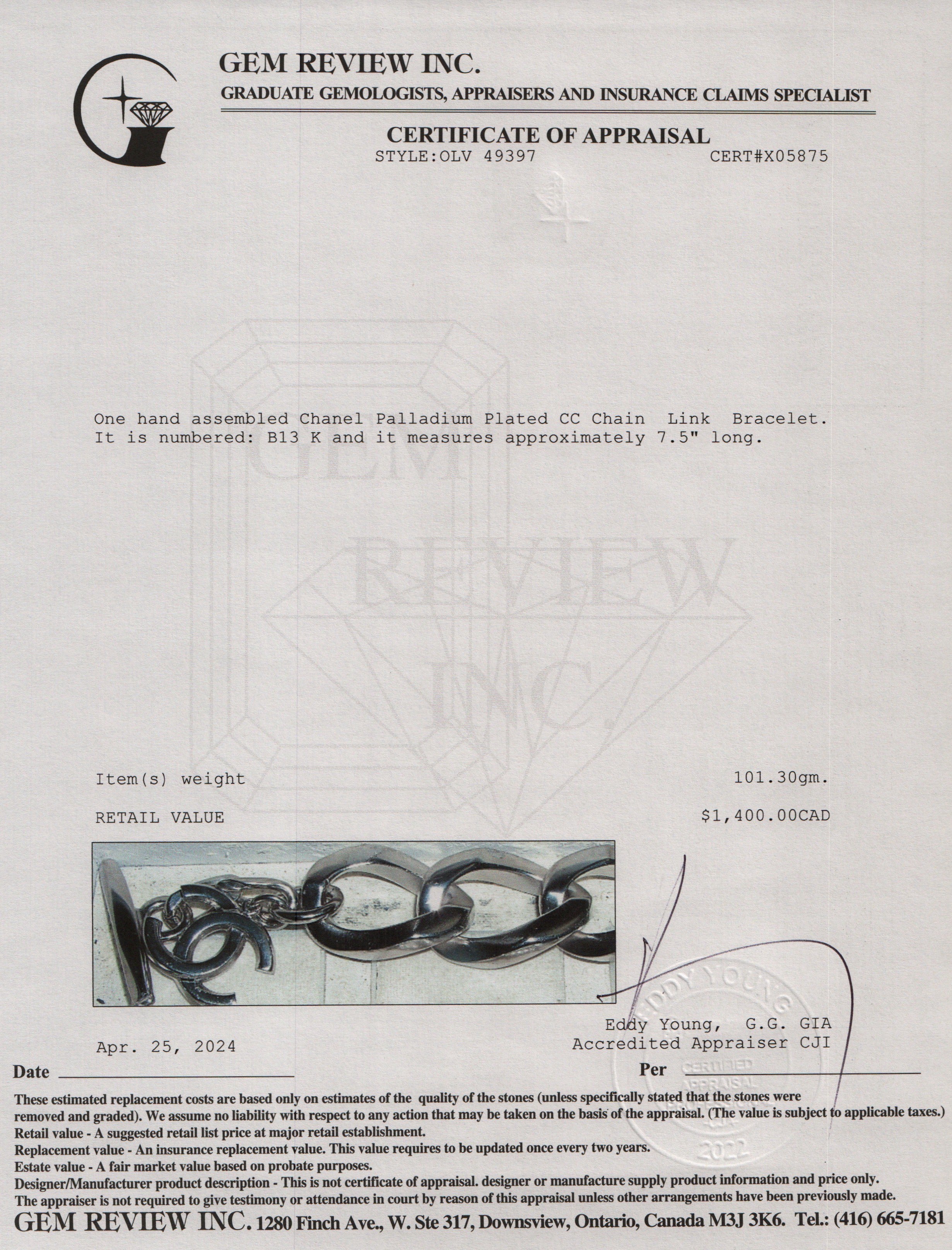 Chanel Palladium Plated CC Chain Link Bracelet w/ Box