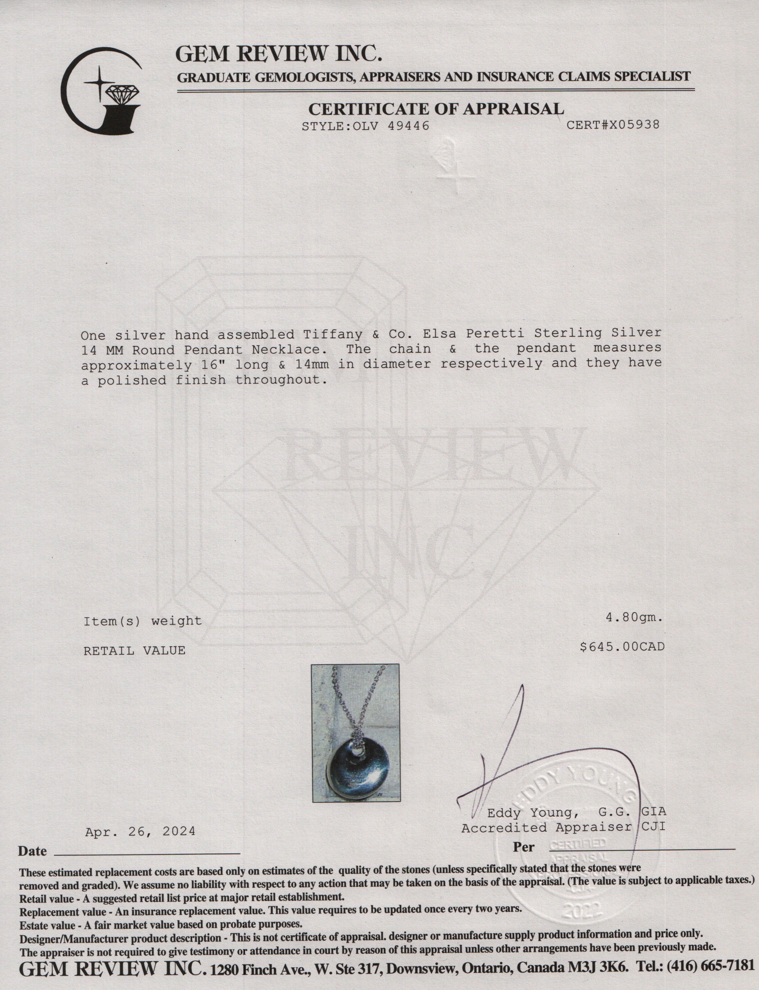 Tiffany & Co. Elsa Peretti Sterling Silver 14 MM Round Pendant Necklace