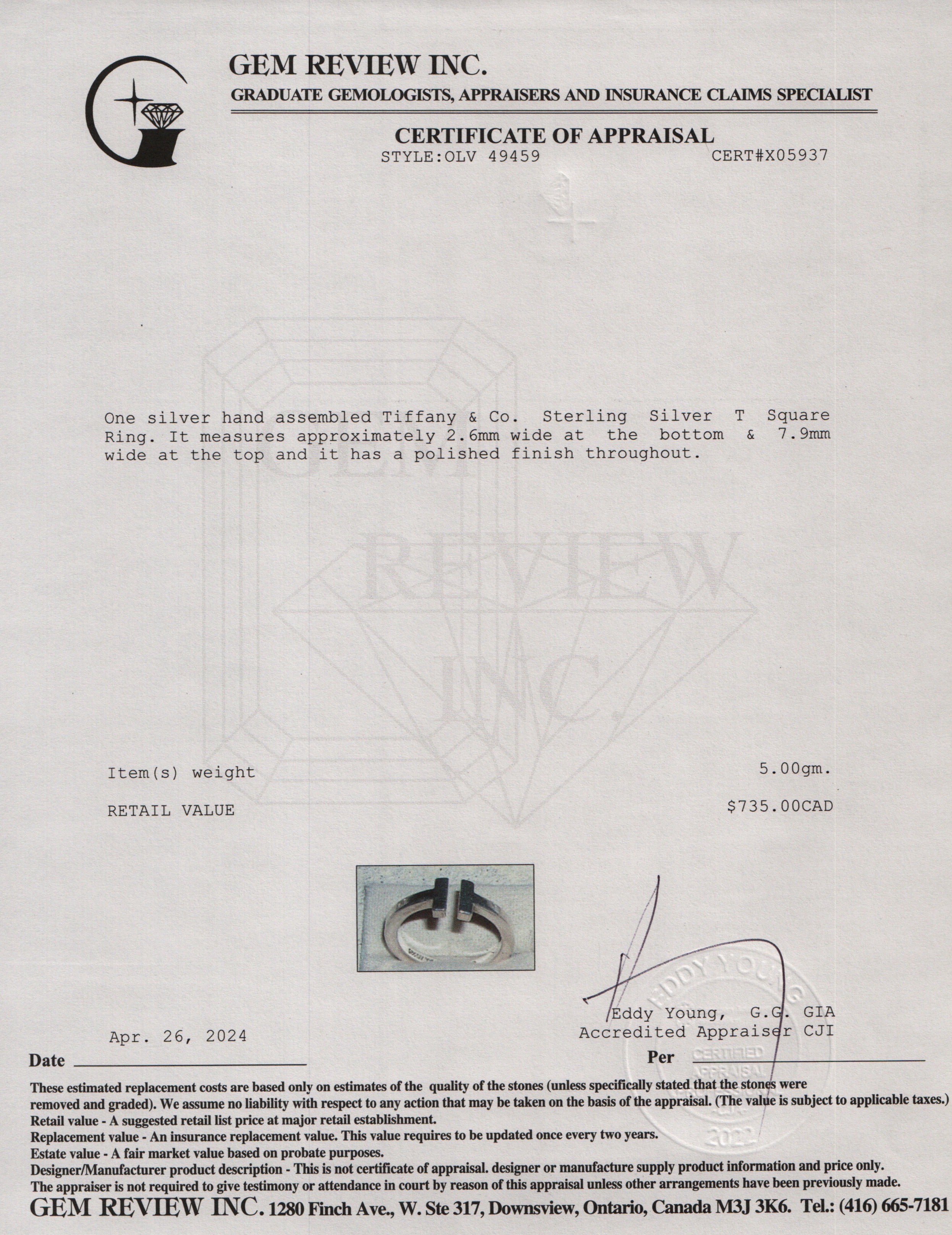 Tiffany & Co. Sterling Silver T Square Ring, Size 9.25