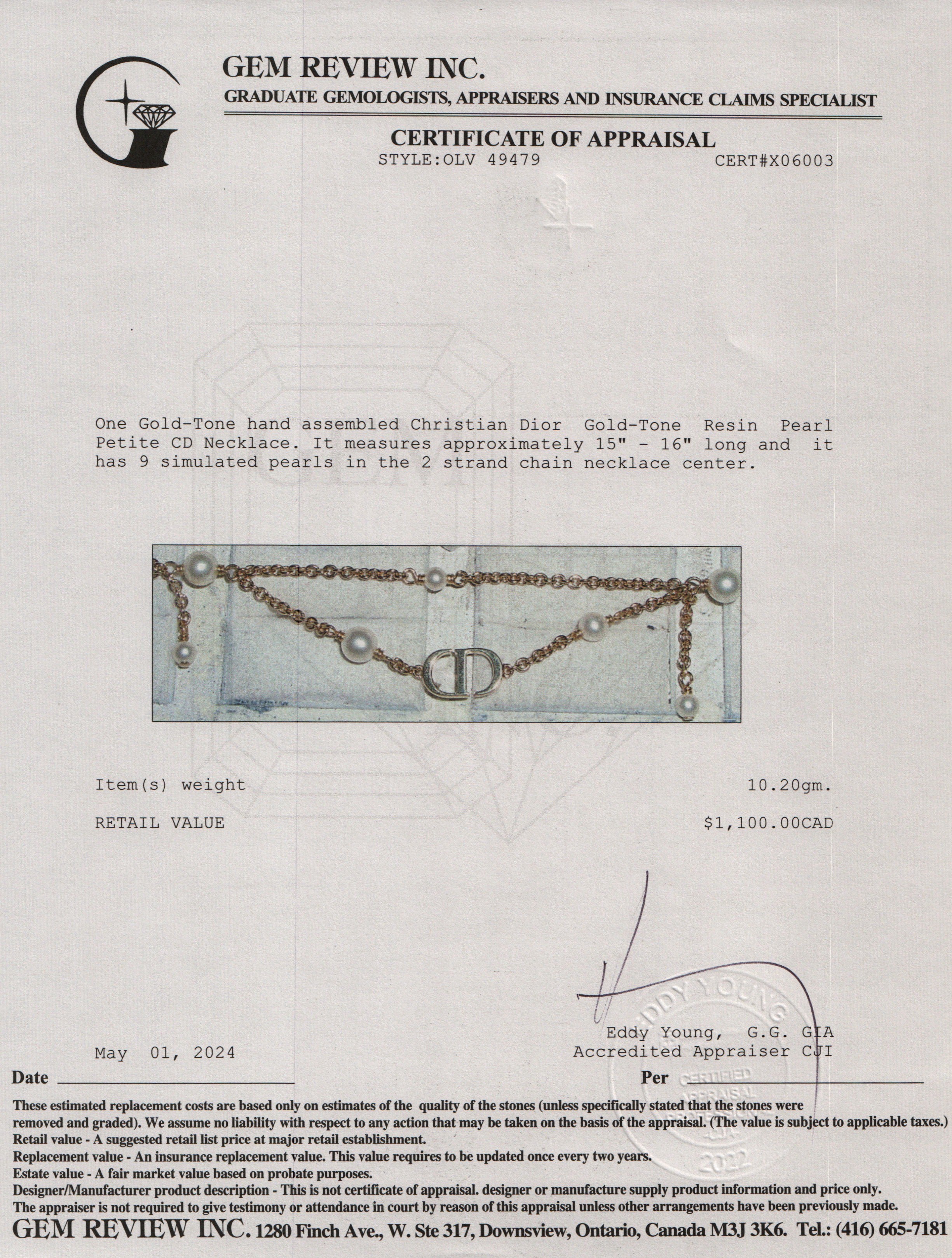 Christian Dior Gold-Tone Resin Pearl Petite CD Necklace