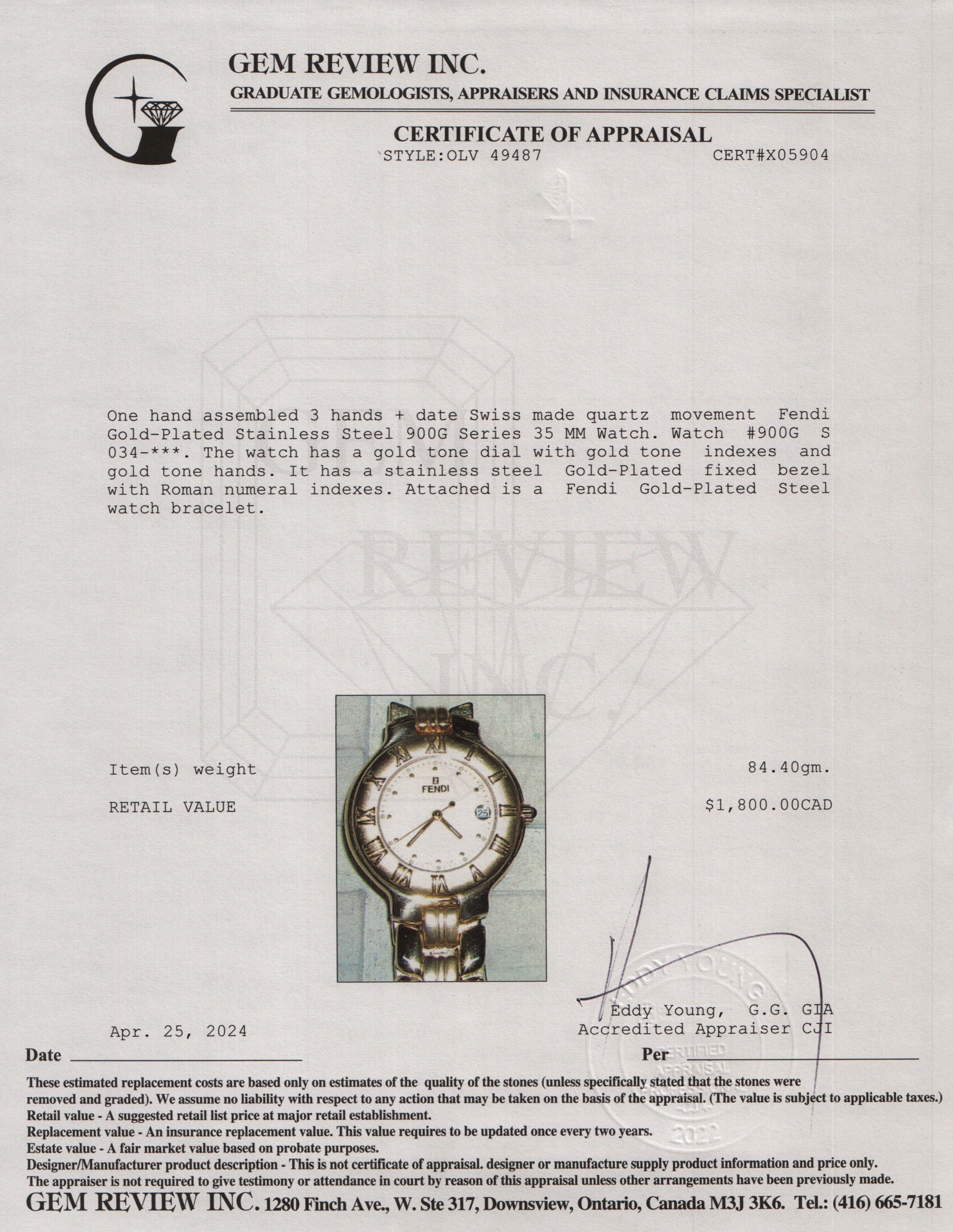 Fendi Gold-Plated Stainless Steel 900G Series 35 MM Watch