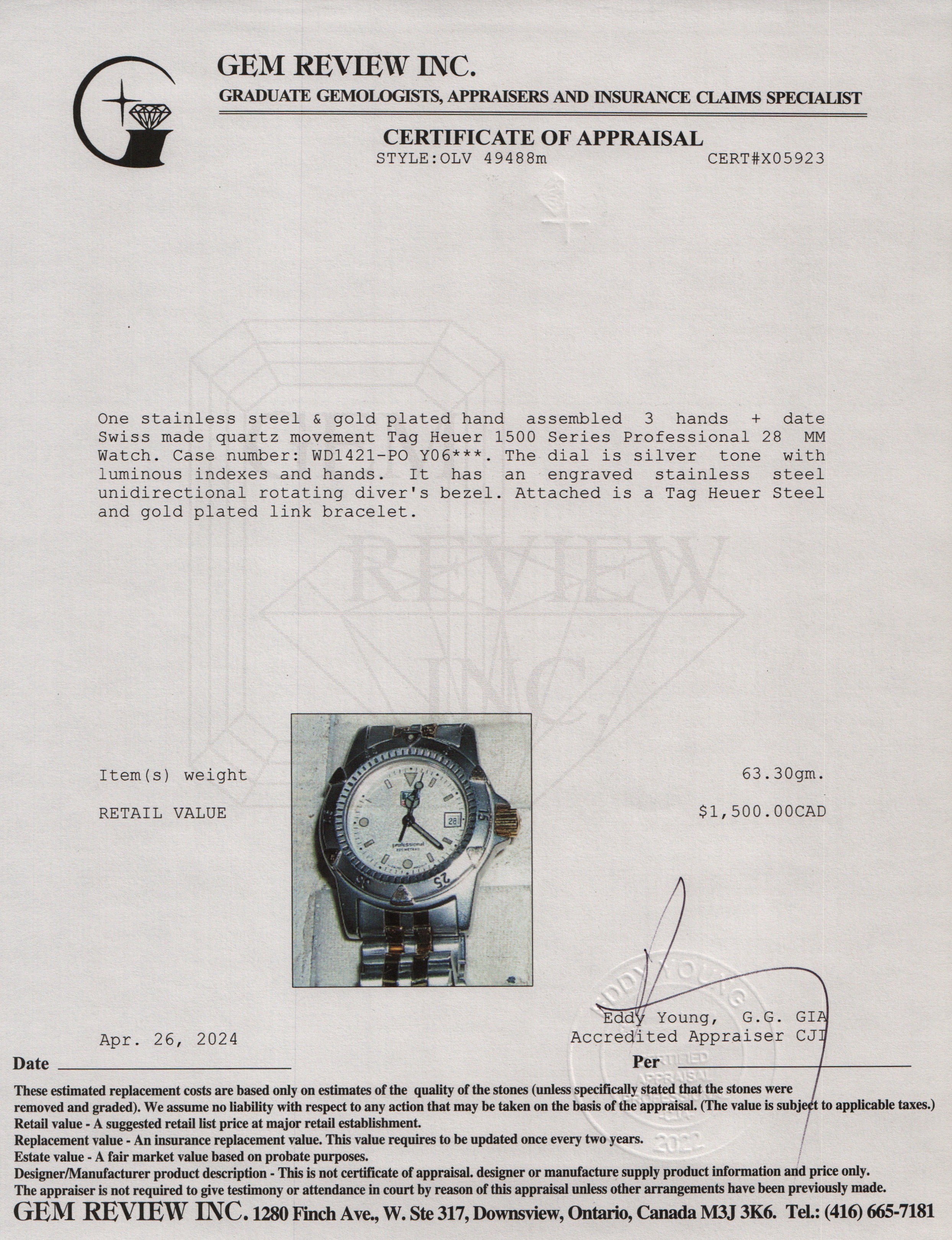 Tag Heuer Gold Plated & Stainless Steel 1500 Series Professional 28 MM Watch