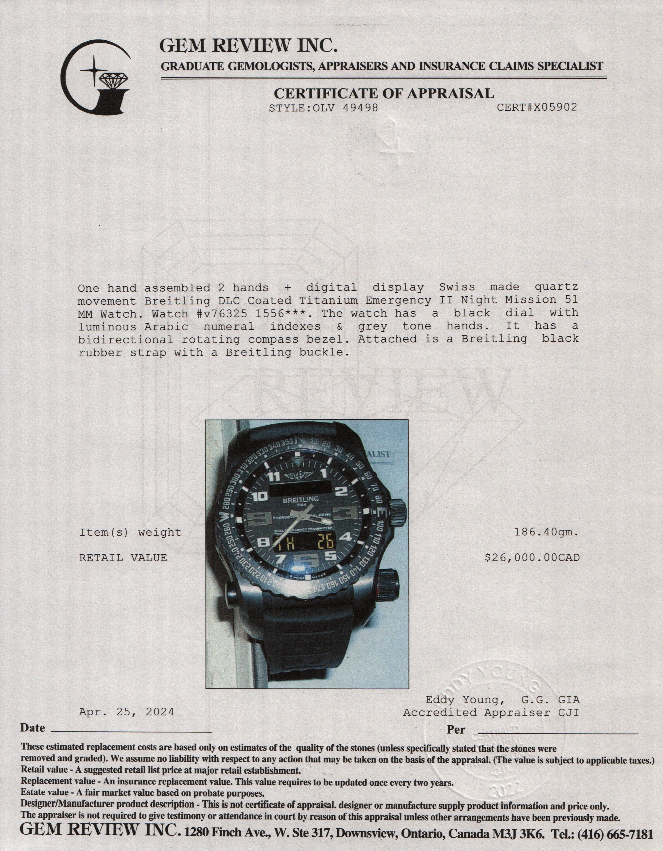 Breitling DLC Coated Titanium Emergency II Night Mission 51 MM Watch w/ Box & Papers