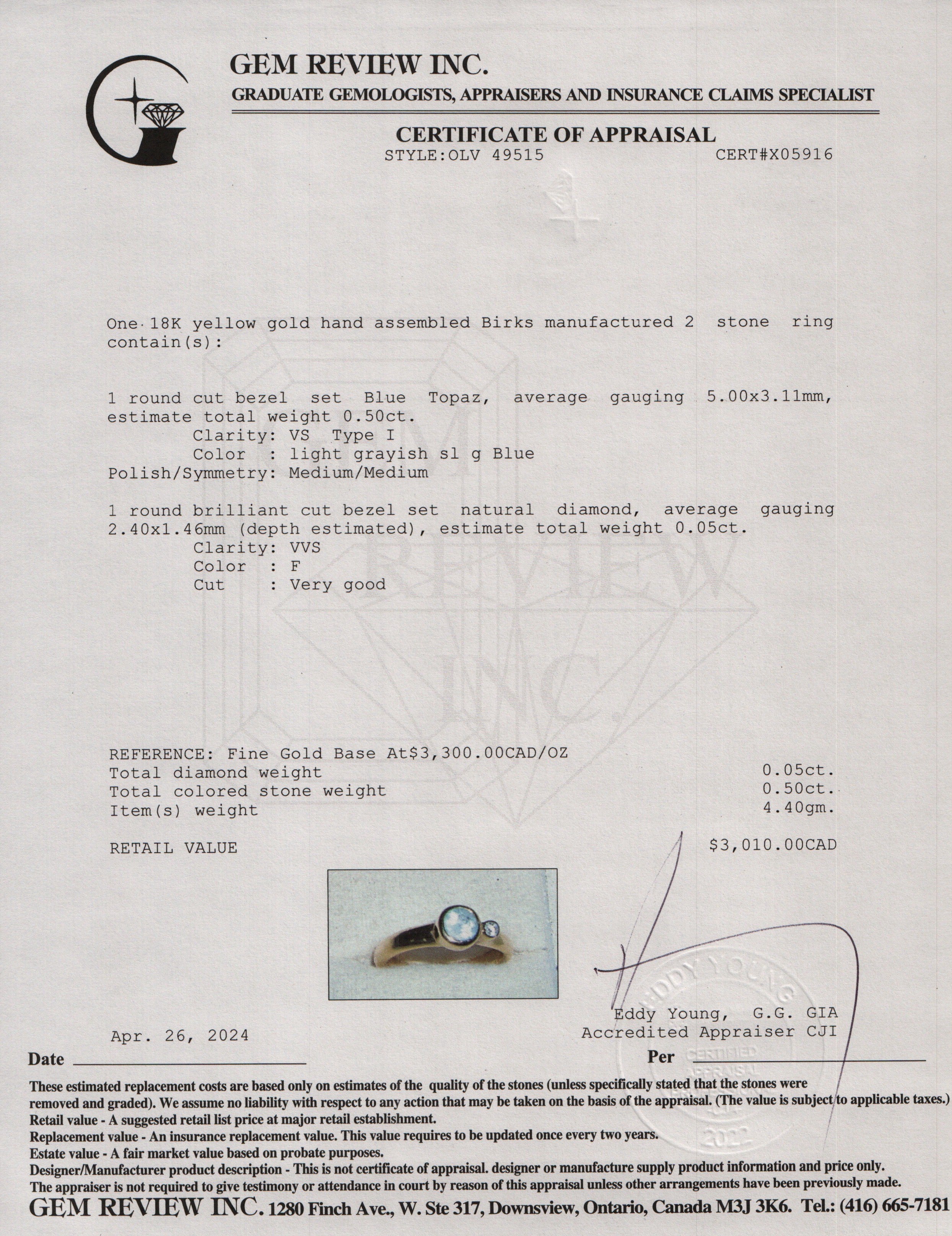 Birks 18k Yellow Gold Blue Topaz & Diamond Ring, Size 6.5