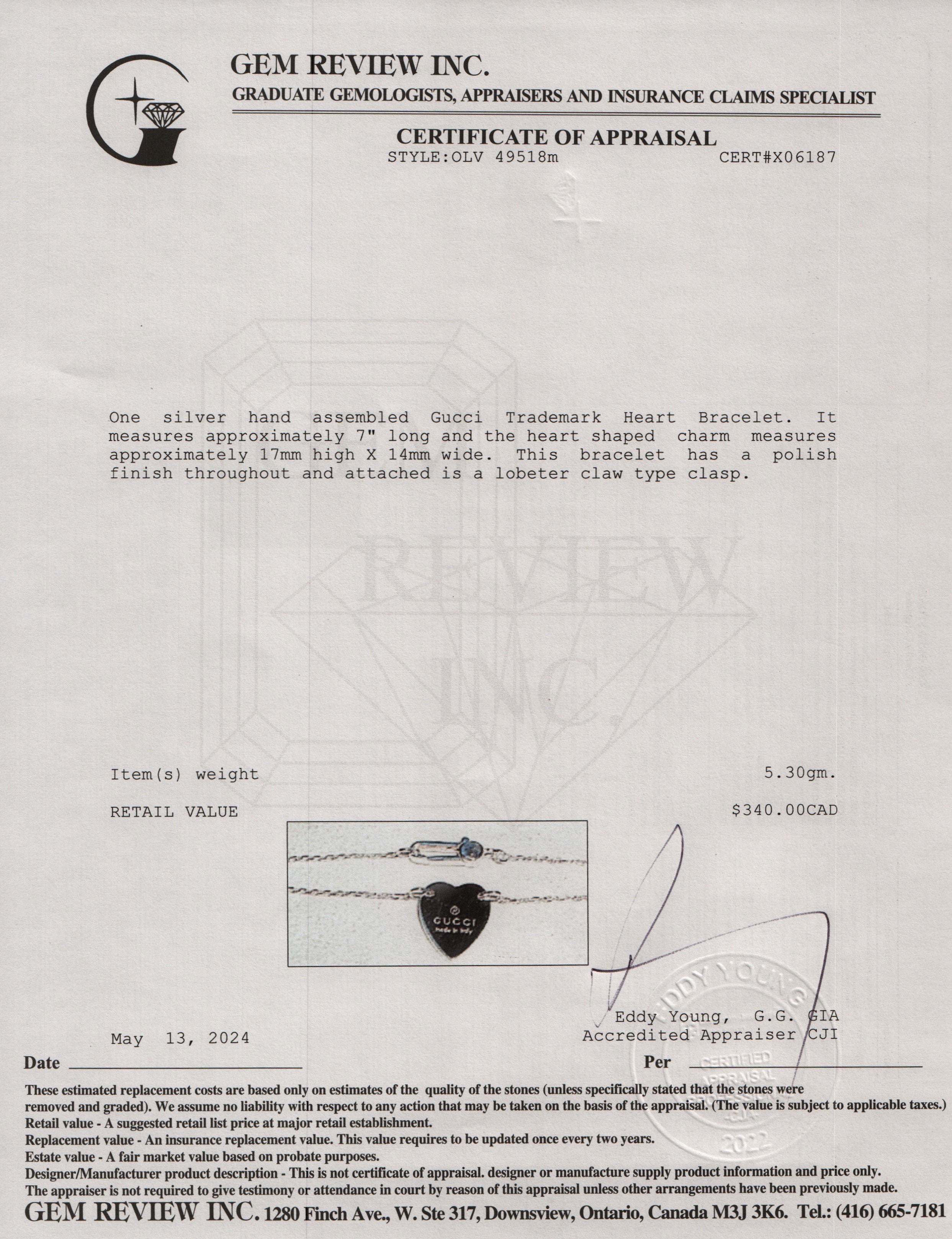 Gucci Sterling Silver Trademark Heart Bracelet