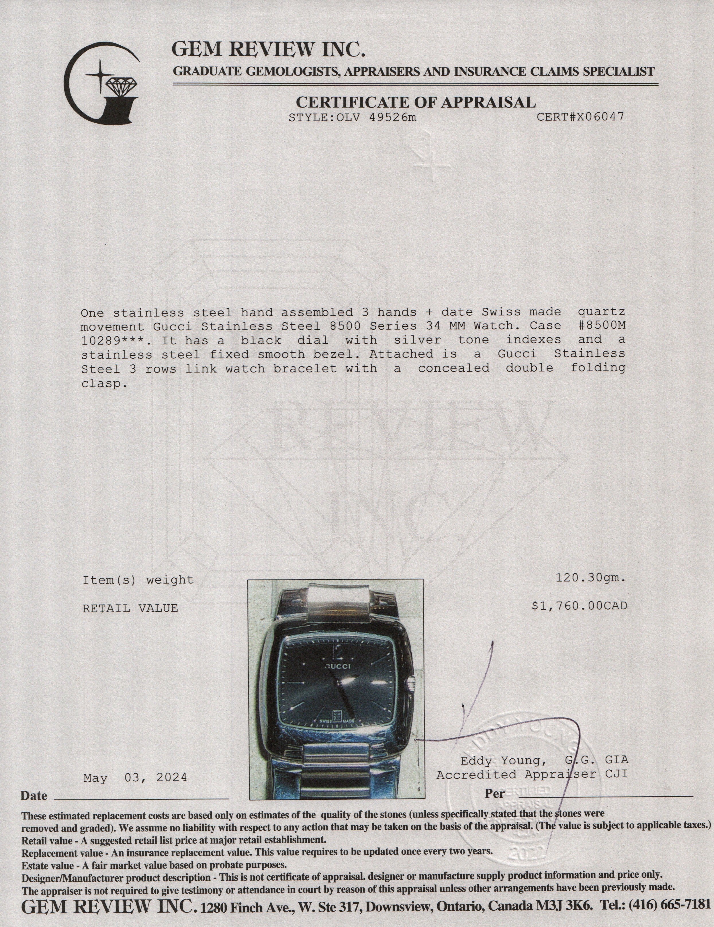 Gucci Stainless Steel 8500 Series 34 MM Watch w/ Box & Papers