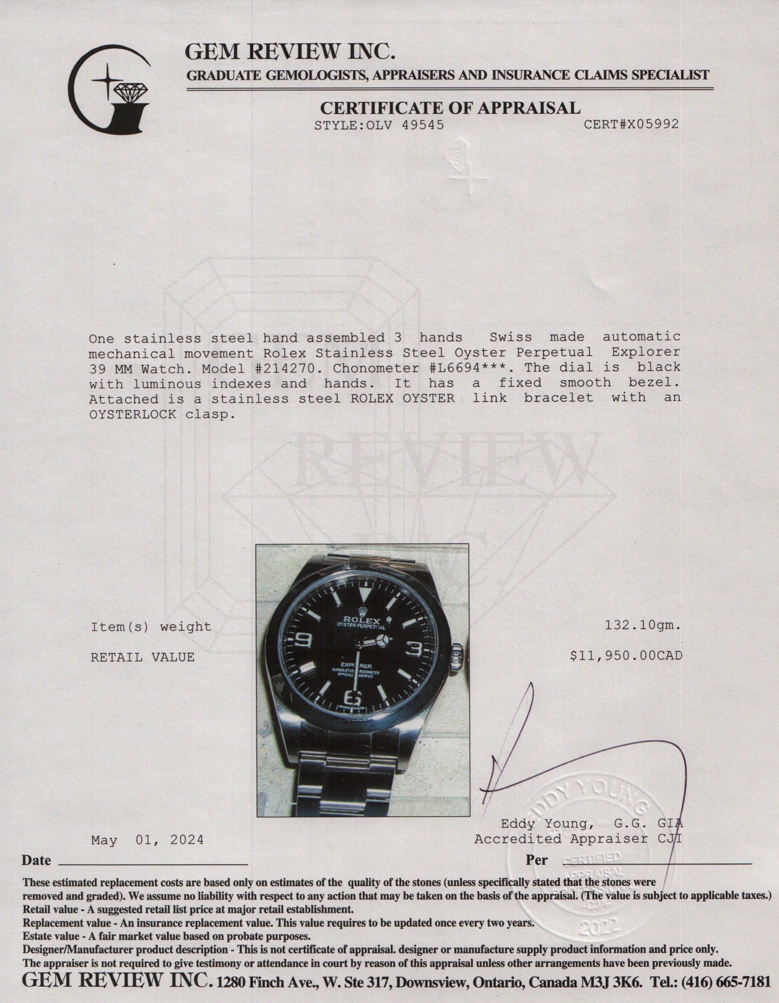 Rolex Stainless Steel Oyster Perpetual Explorer 39 MM Watch 214270 w/ Box & Papers