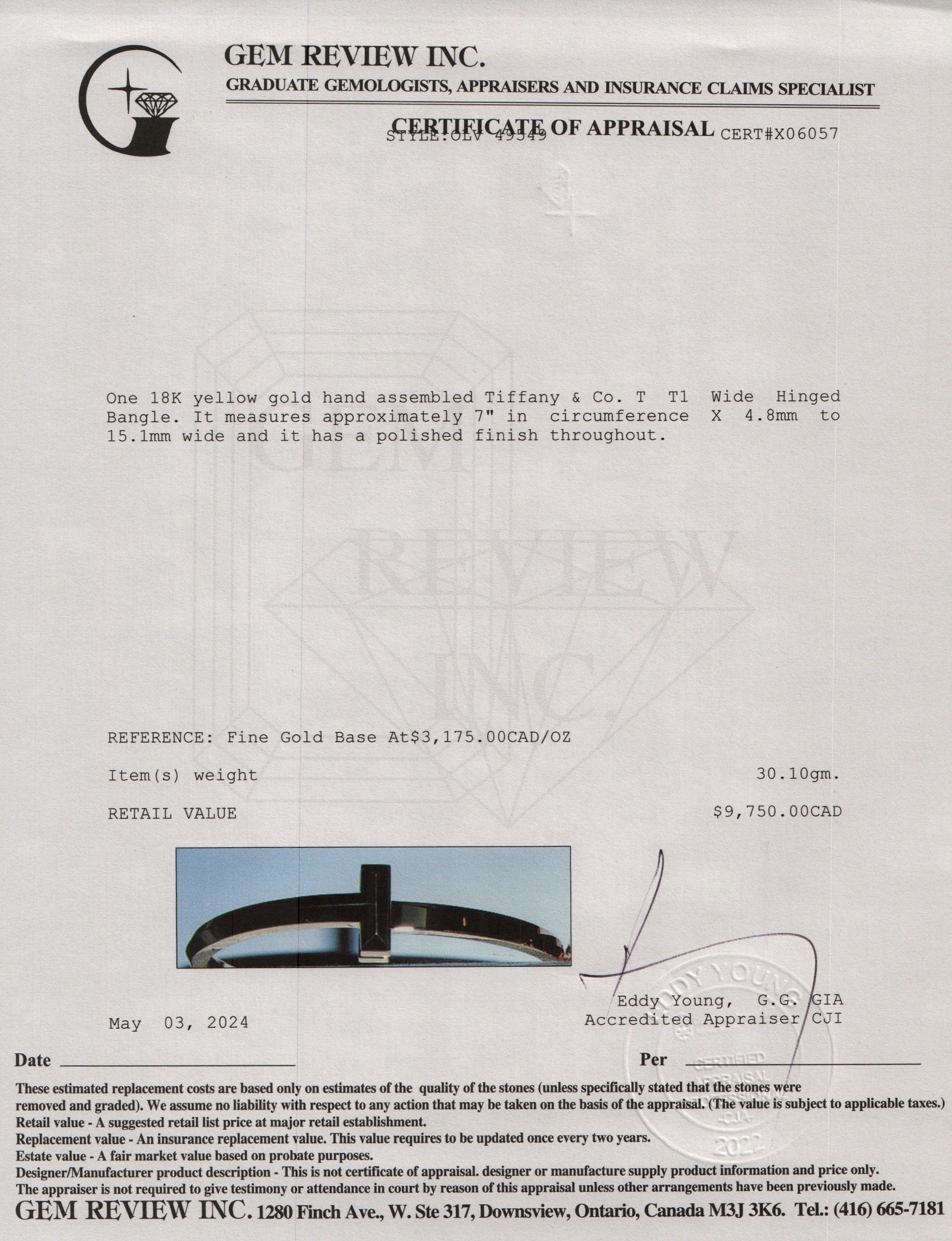 Tiffany & Co. 18k Yellow Gold T T1 Wide Hinged Bangle w/ Box