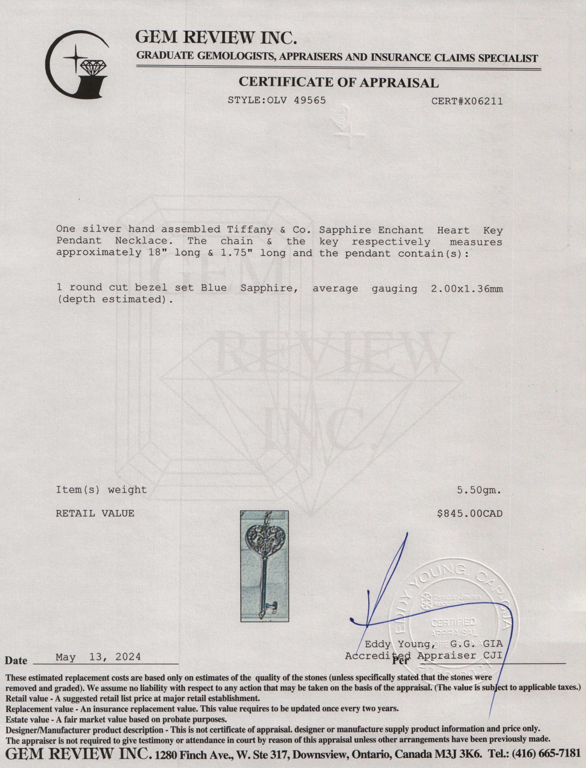Tiffany & Co. Sterling Silver Sapphire Enchant Heart Key Pendant Necklace w/ Box & Receipt