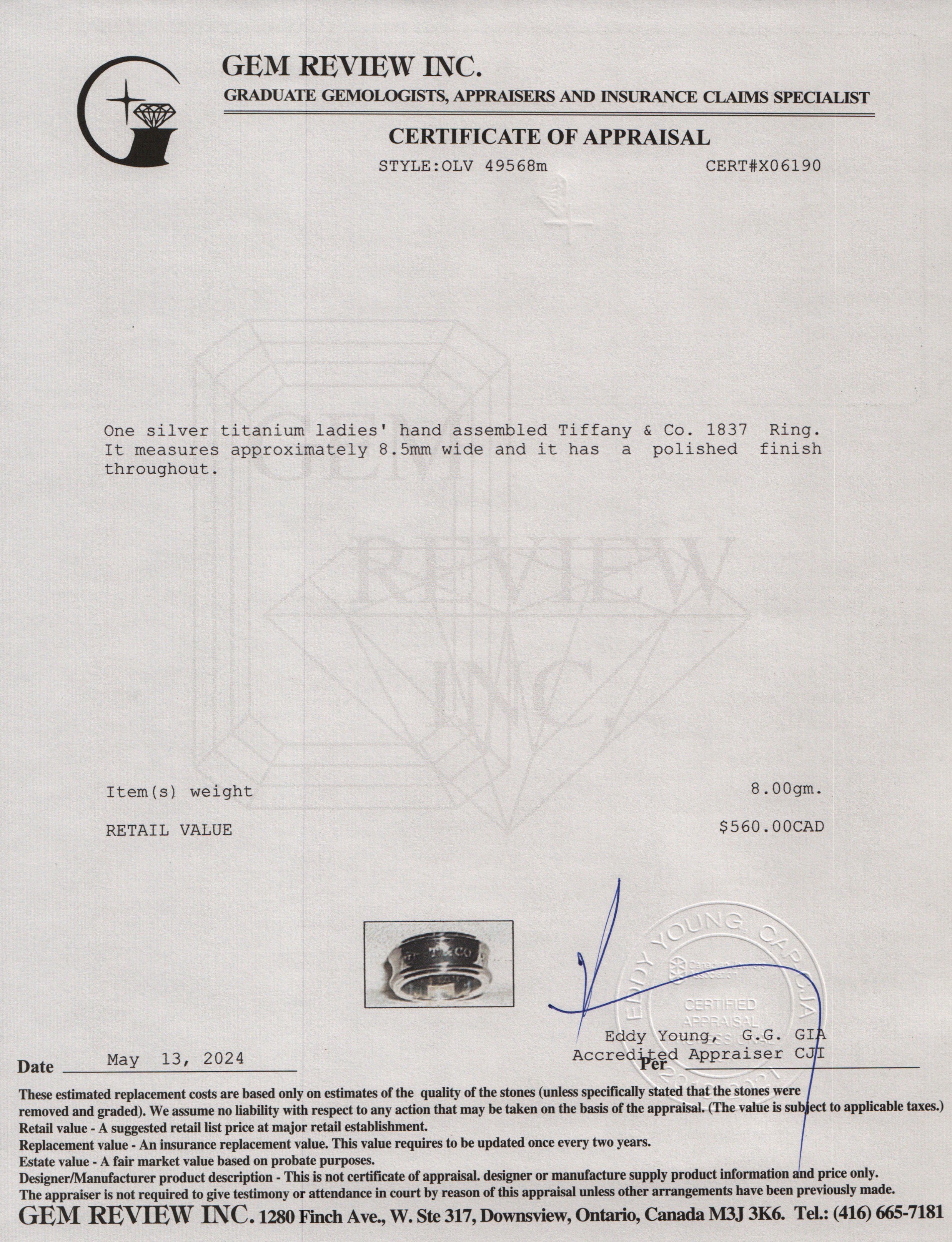 Tiffany & Co. Midnight Titanium & Sterling Silver 1837 Ring, Size 8