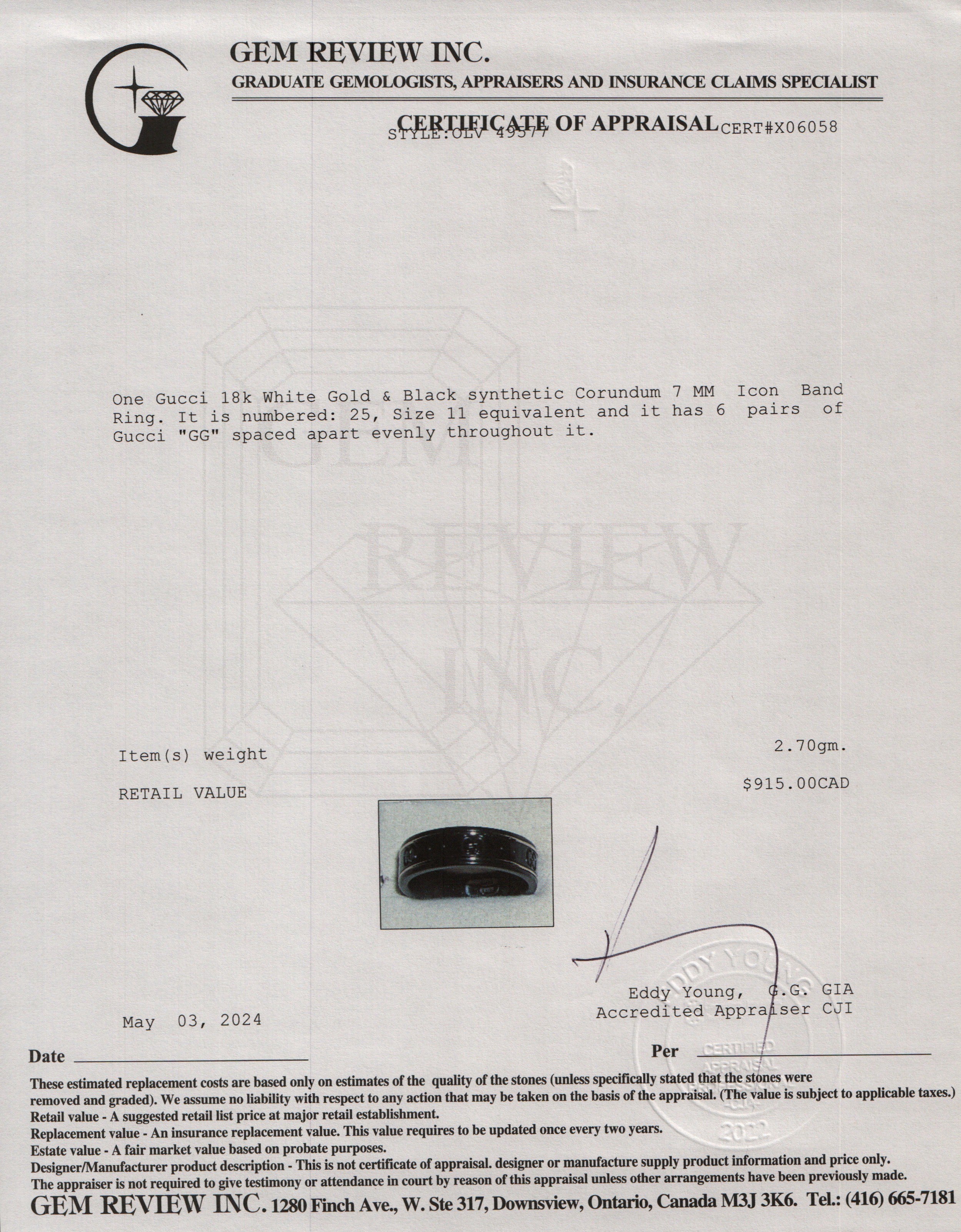 Gucci 18k White Gold & Black Corundum 7 MM Icon Band Ring, Size 11 w/ Box