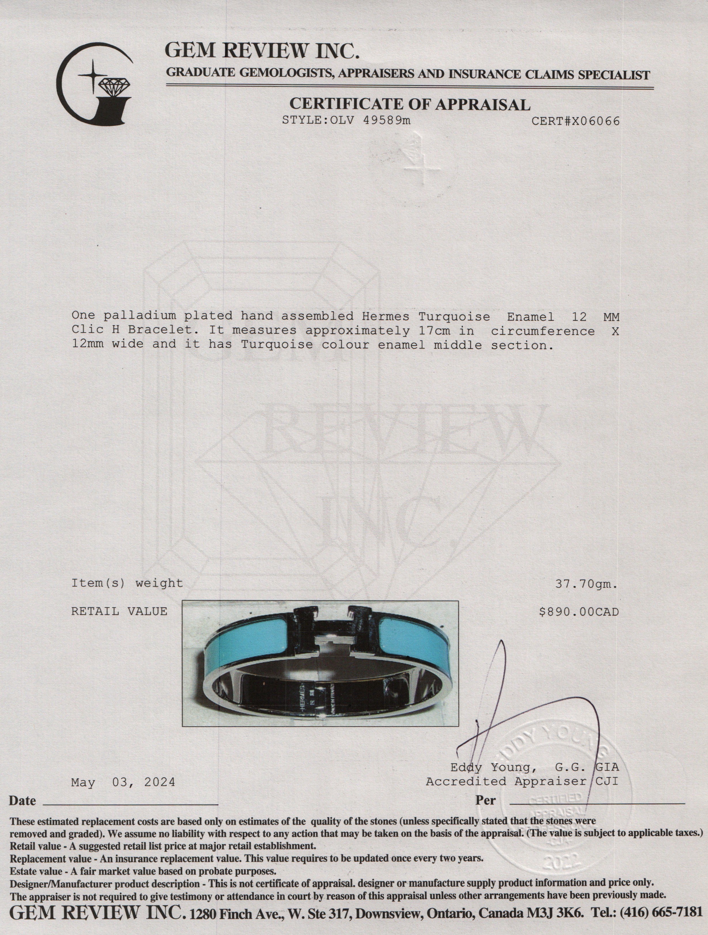 Hermes Palladium Plated Turquoise Enamel 12 MM Clic H Bracelet