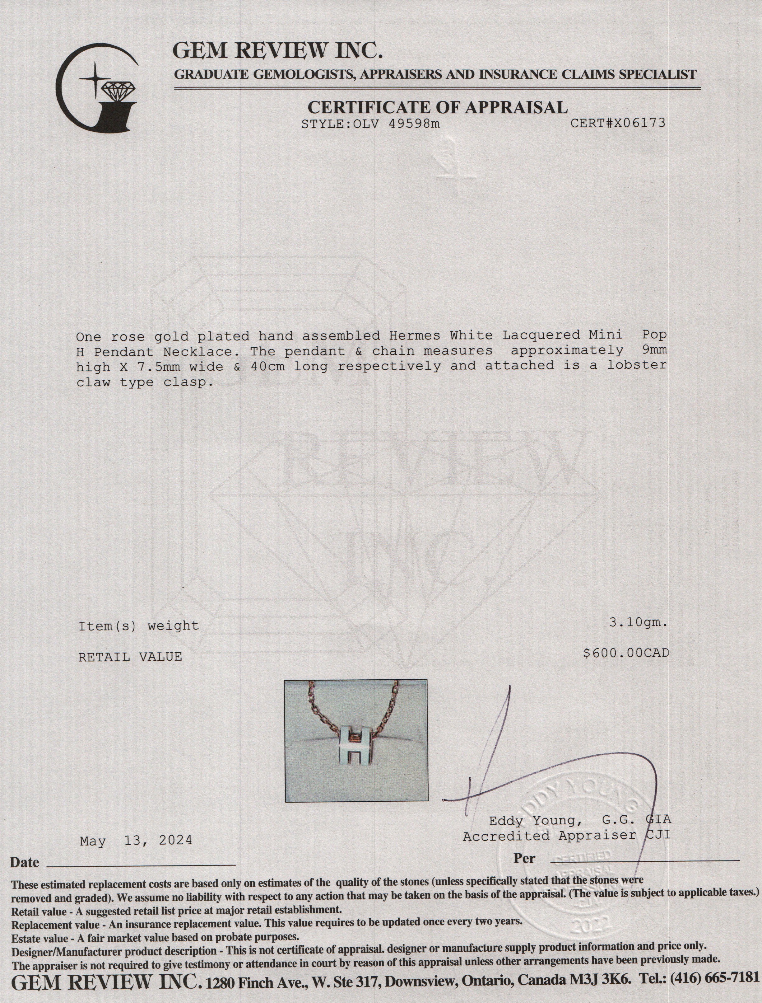 Hermes Rose Gold-Plated White Lacquered Mini Pop H Pendant Necklace w/ Box & Receipt