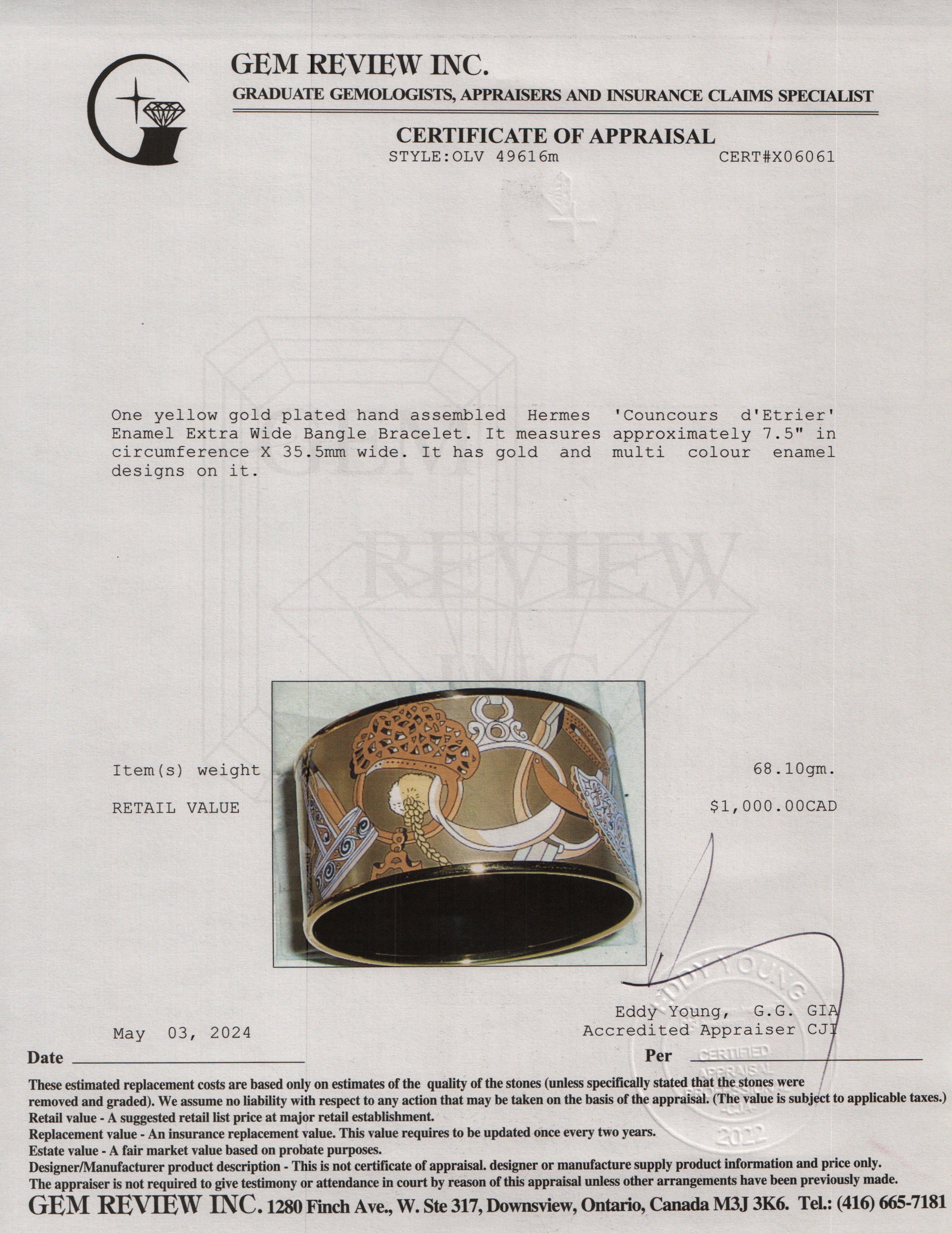 Hermes Gold-Plated 'Councours d'Etrier' Enamel Extra Wide Bangle Bracelet