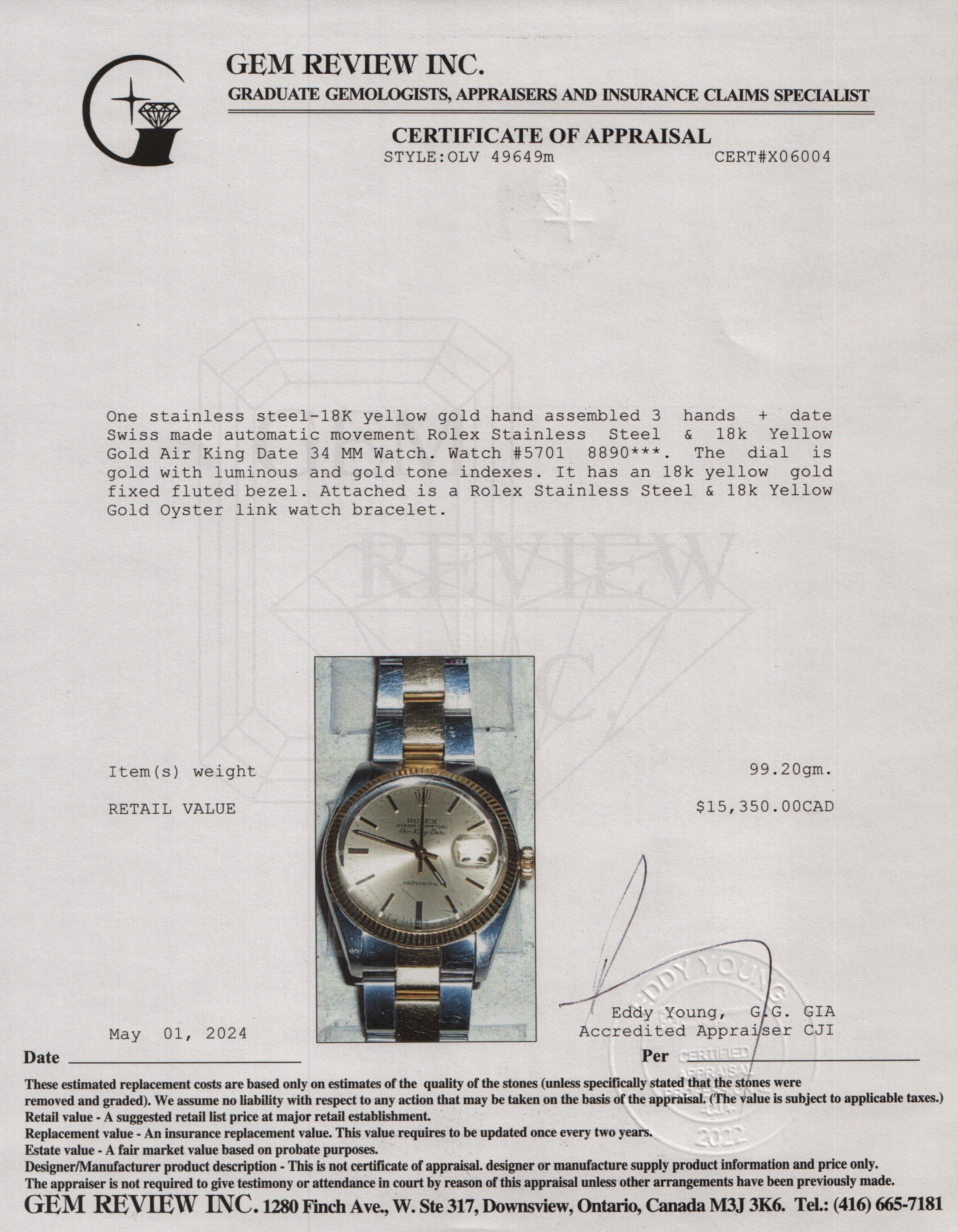 Rolex Stainless Steel & 18k Yellow Gold Air King Date 34 MM Watch 5701 w/ Box & Papers