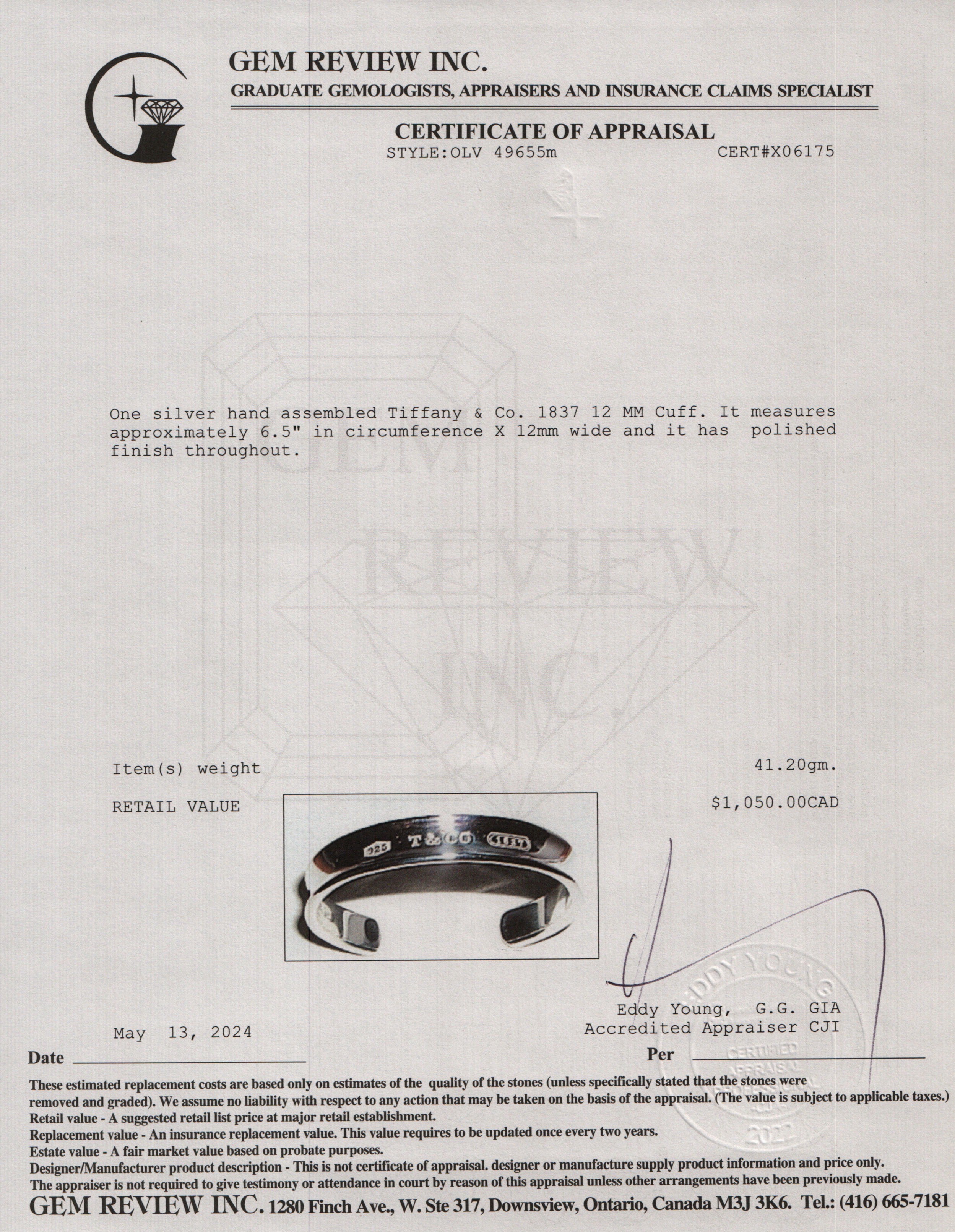Tiffany & Co. Sterling Silver 1837 12 MM Cuff