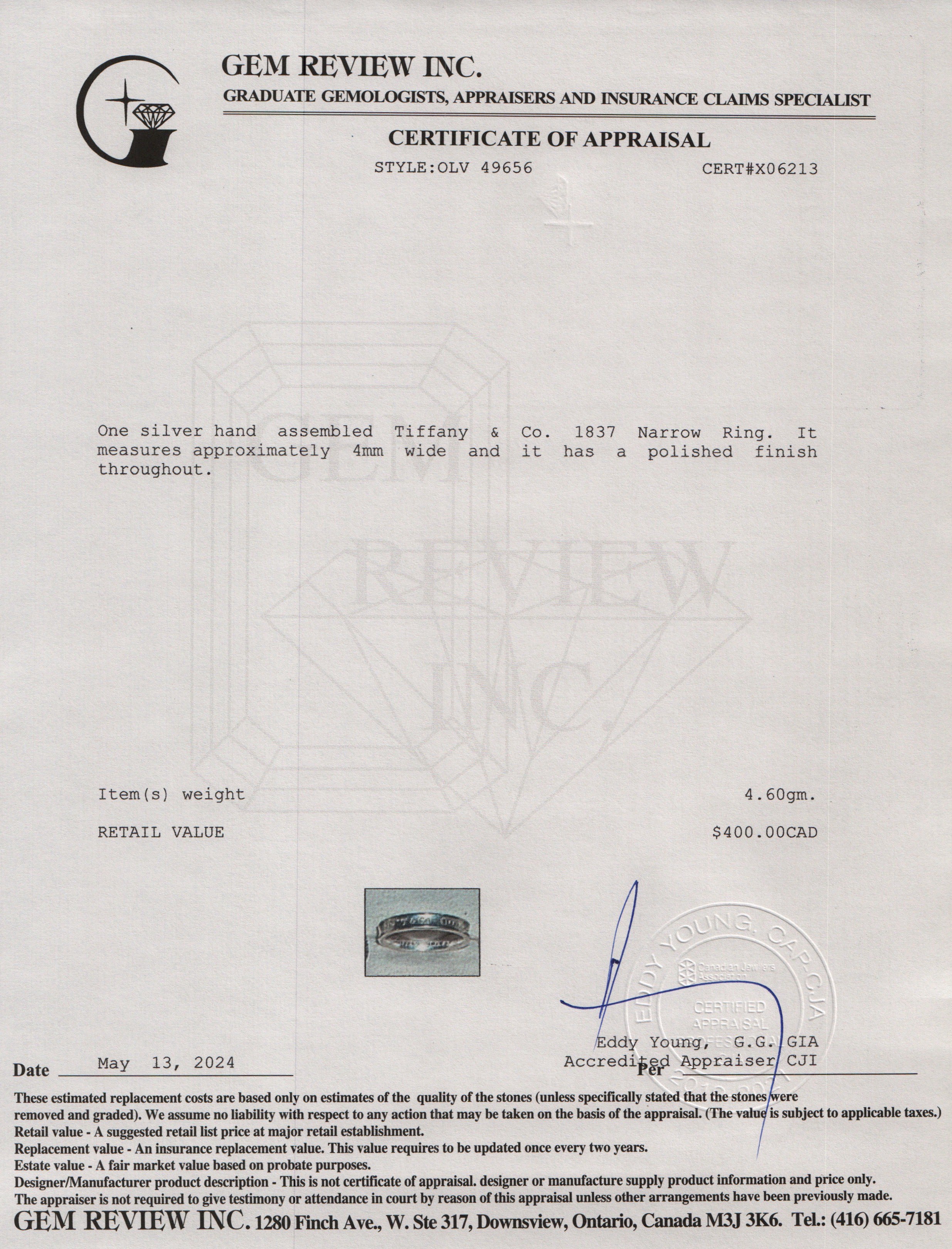 Tiffany & Co. Sterling Silver 1837 Narrow Ring, Size 9.25