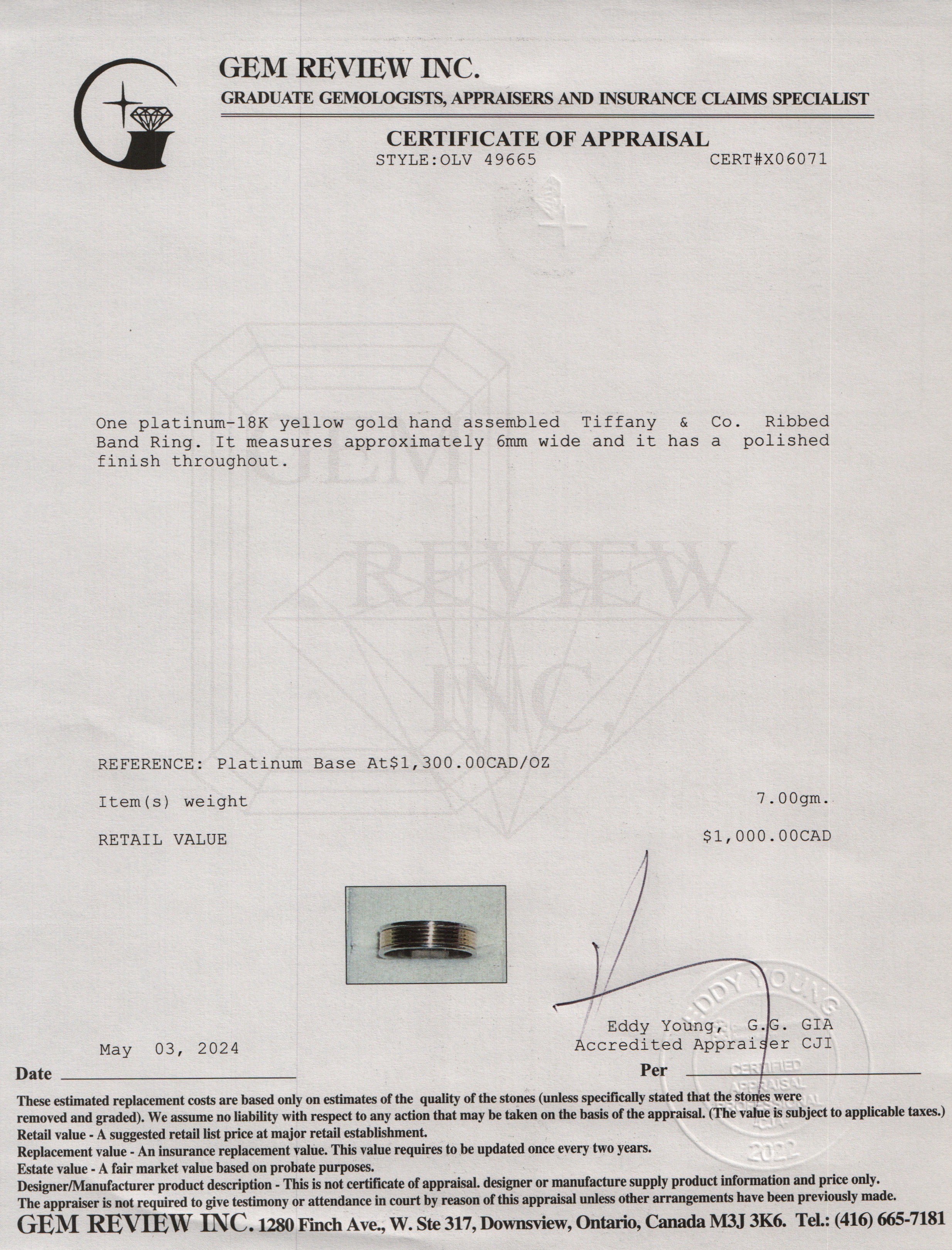 Tiffany & Co. Platinum & 18k Yellow Gold Ribbed Band Ring, Size 7.75