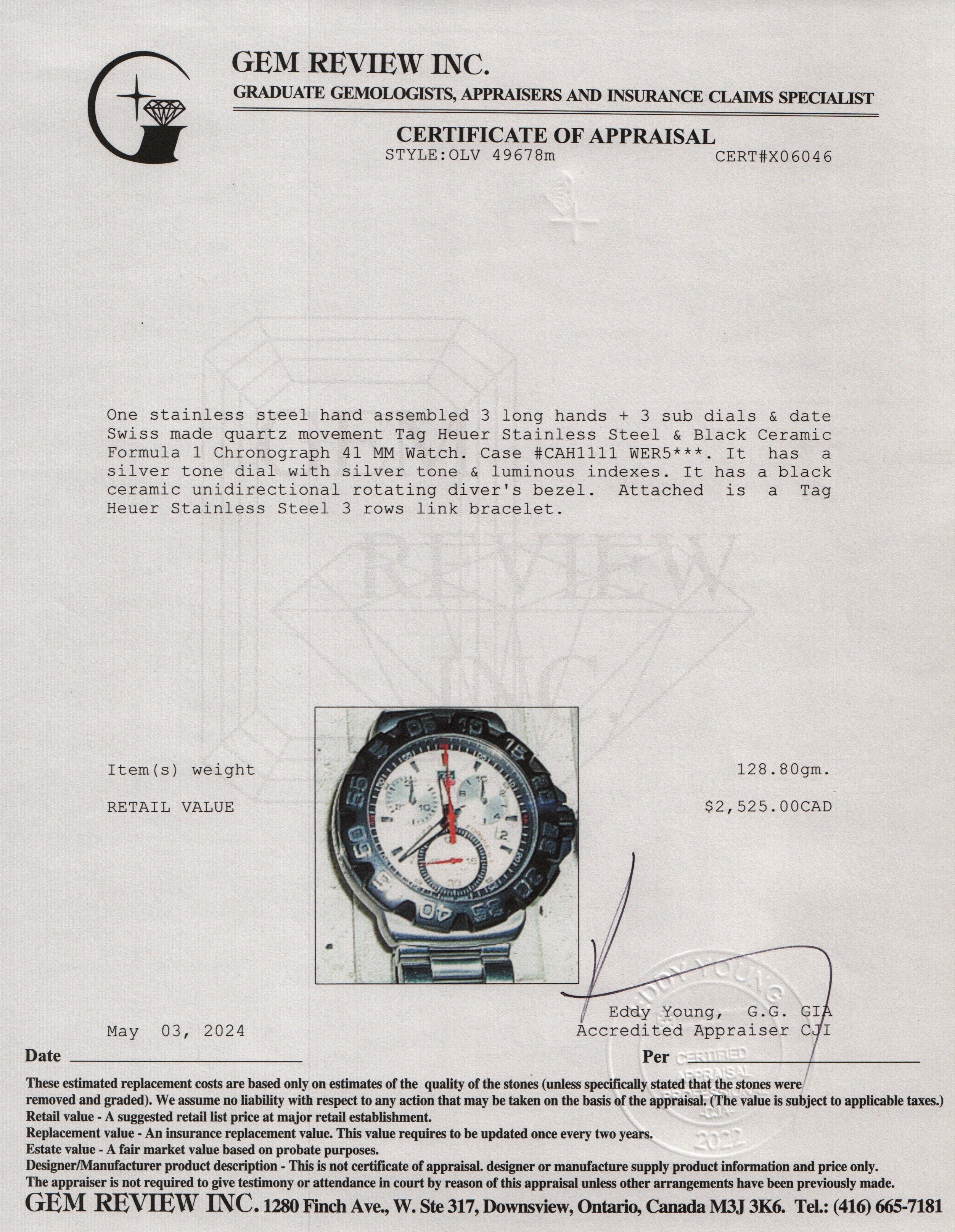 Tag Heuer Stainless Steel & Black Ceramic Formula 1 Chronograph 41 MM Watch CAH1111