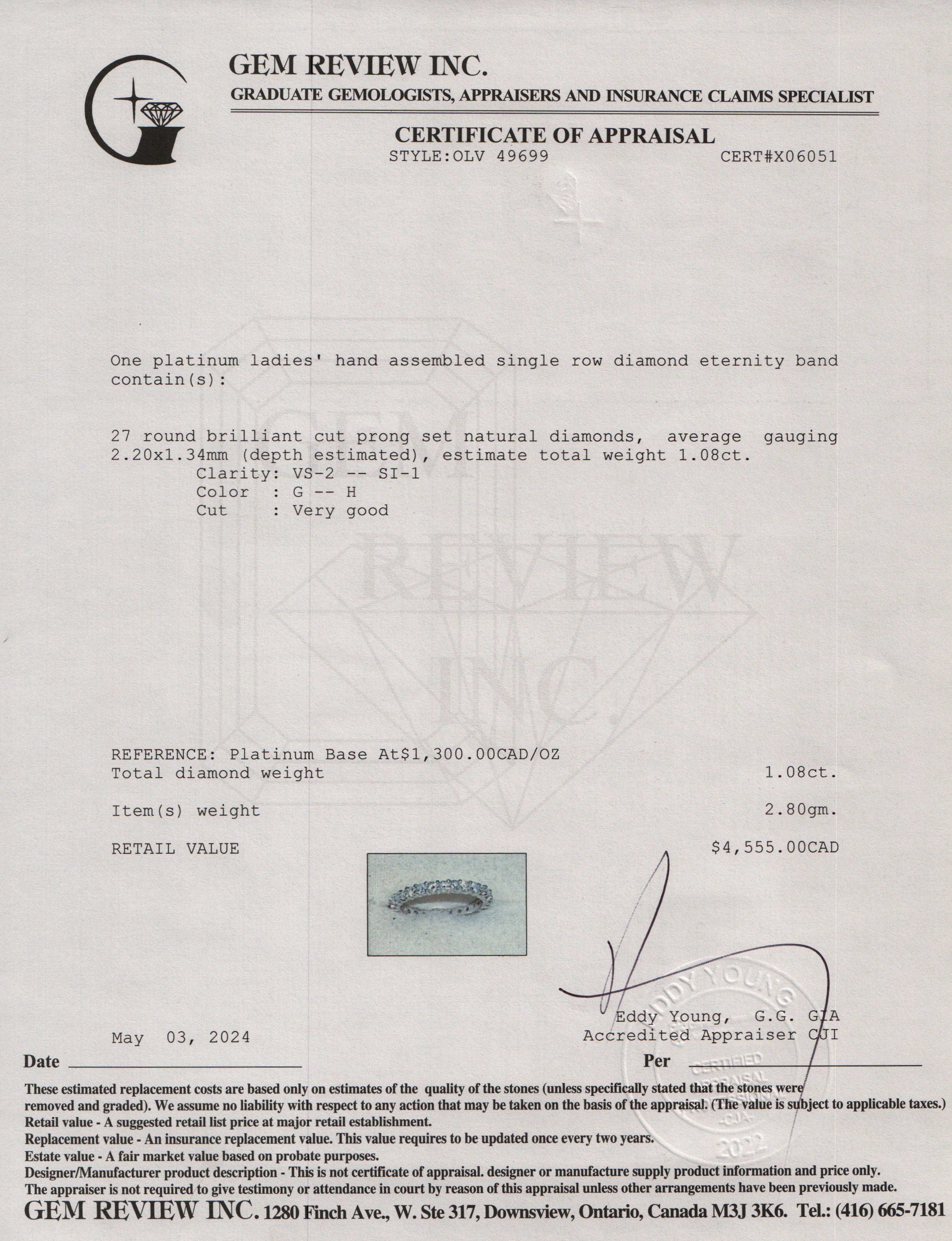 Platinum 1.08 tcw. Diamond Eternity Band Ring, Size 5.25