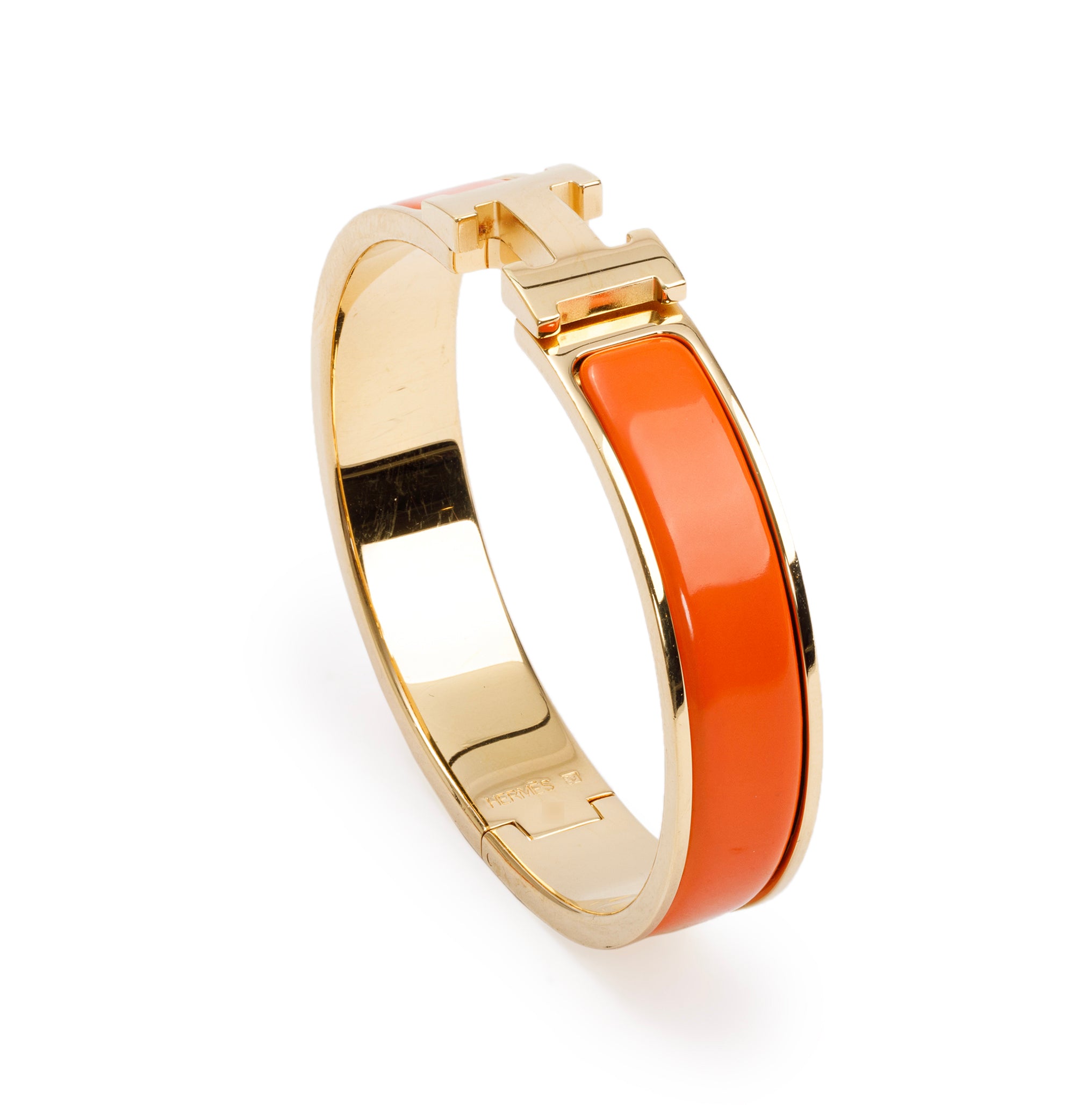 Hermes Gold-Plated Orange Enamel 12 MM Clic H Bracelet w/ Box