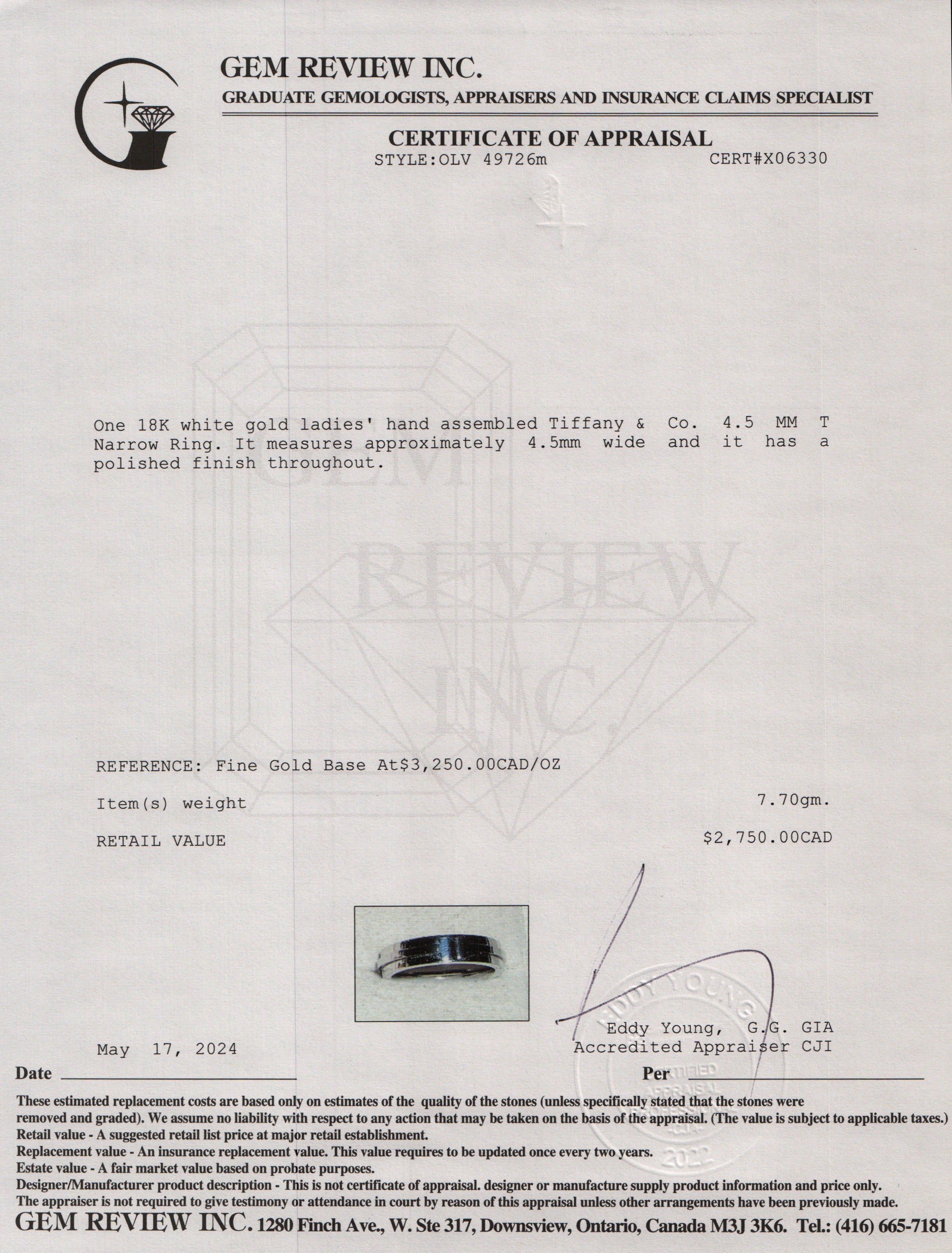 Tiffany & Co. 18k White Gold 4.5 MM T Narrow Ring, Size 6 w/ Box & Receipt