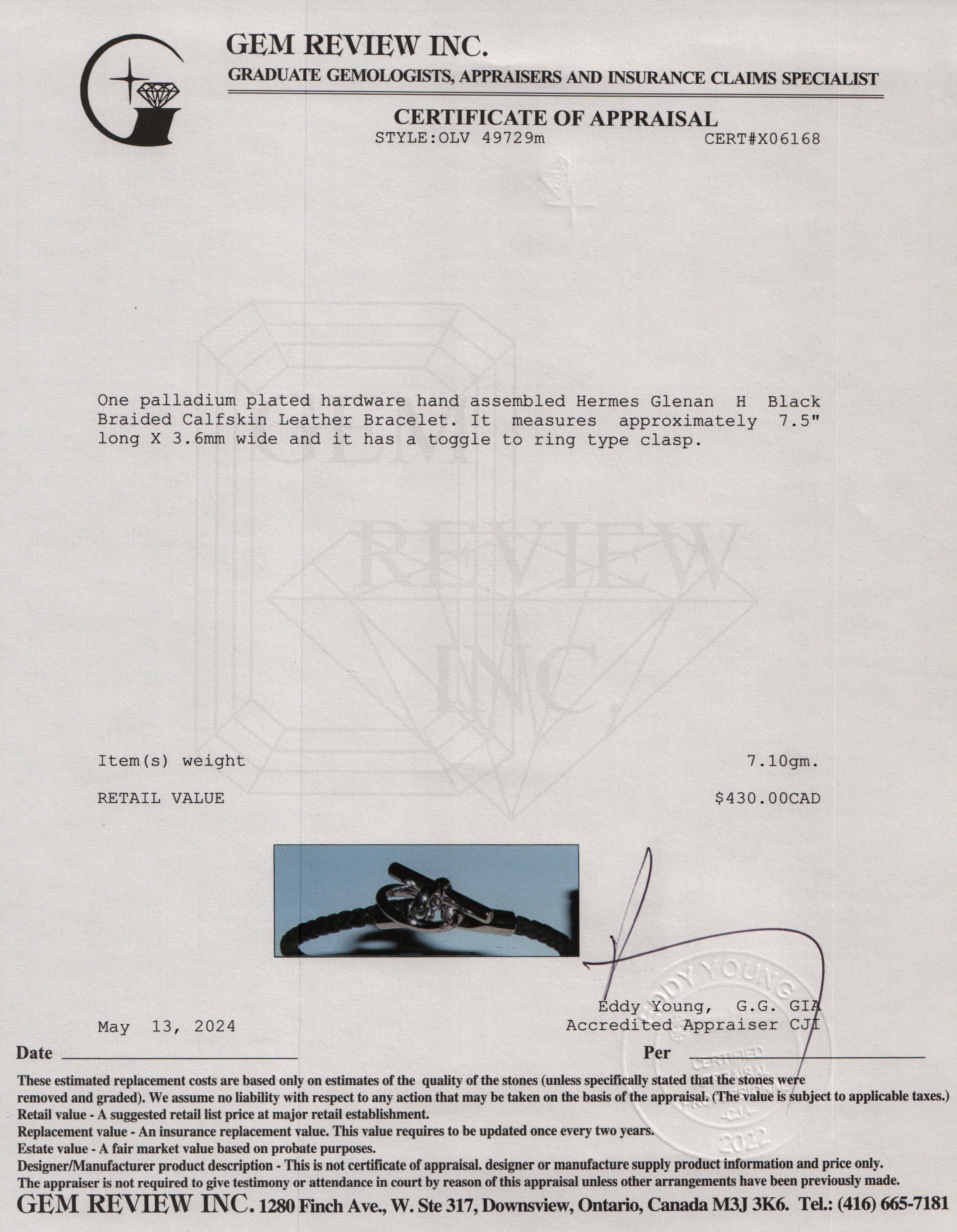 Hermes Palladium Plated Glenan H Black Braided Calfskin Leather Bracelet w/ Box