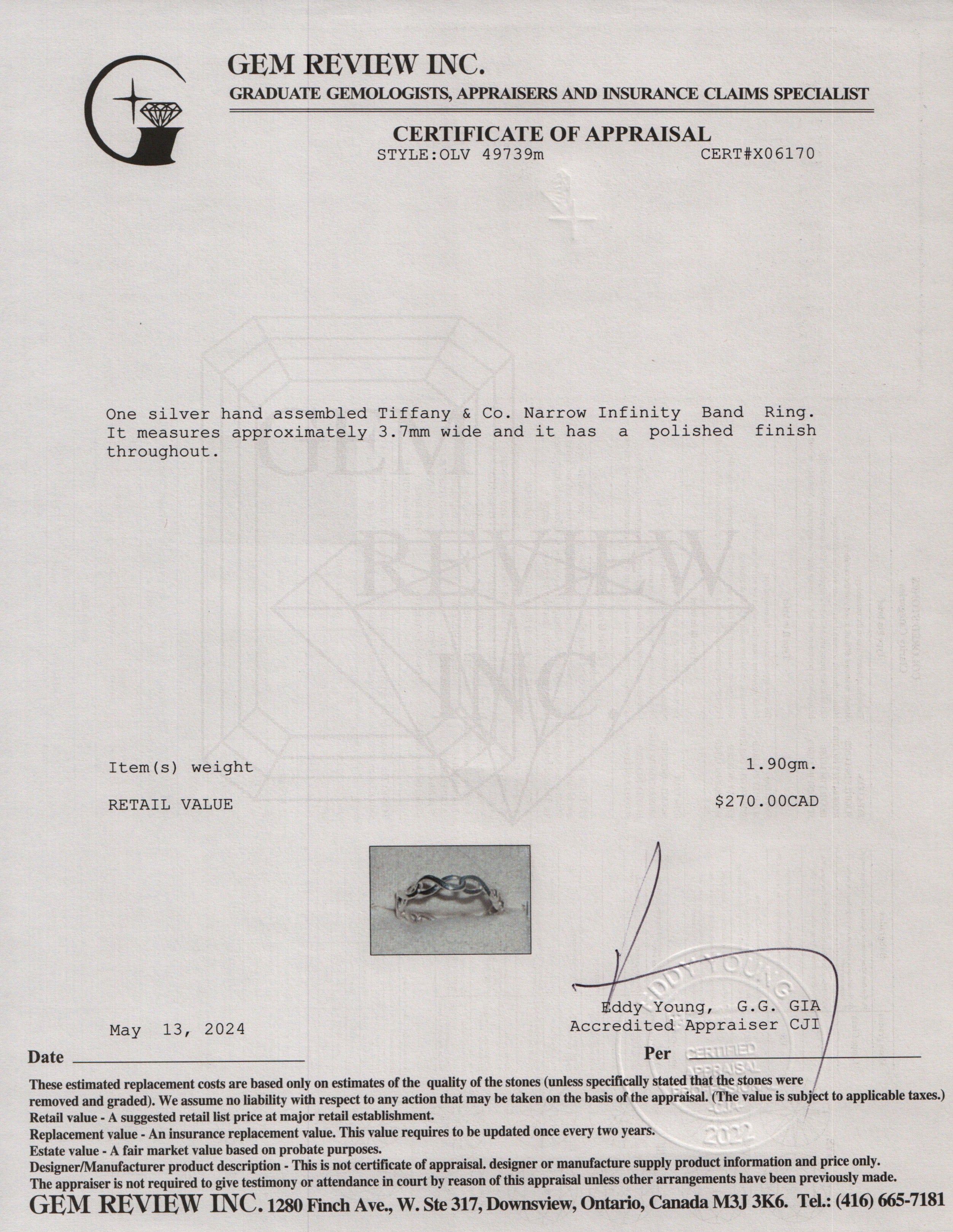 Tiffany & Co. Sterling Silver Narrow Infinity Band Ring, Size 8