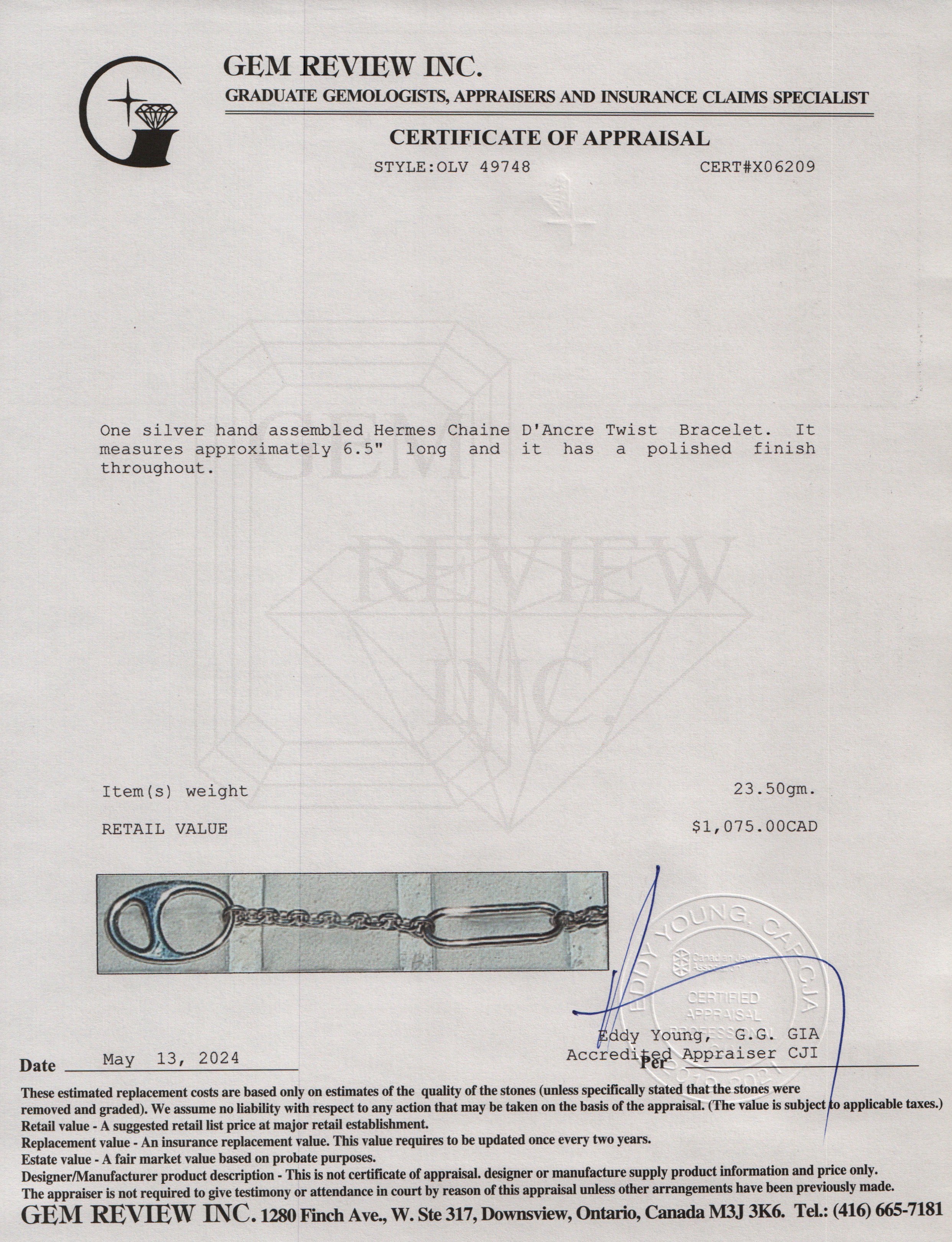 Hermes Sterling Silver Chaine D'Ancre Twist Bracelet w/ Box