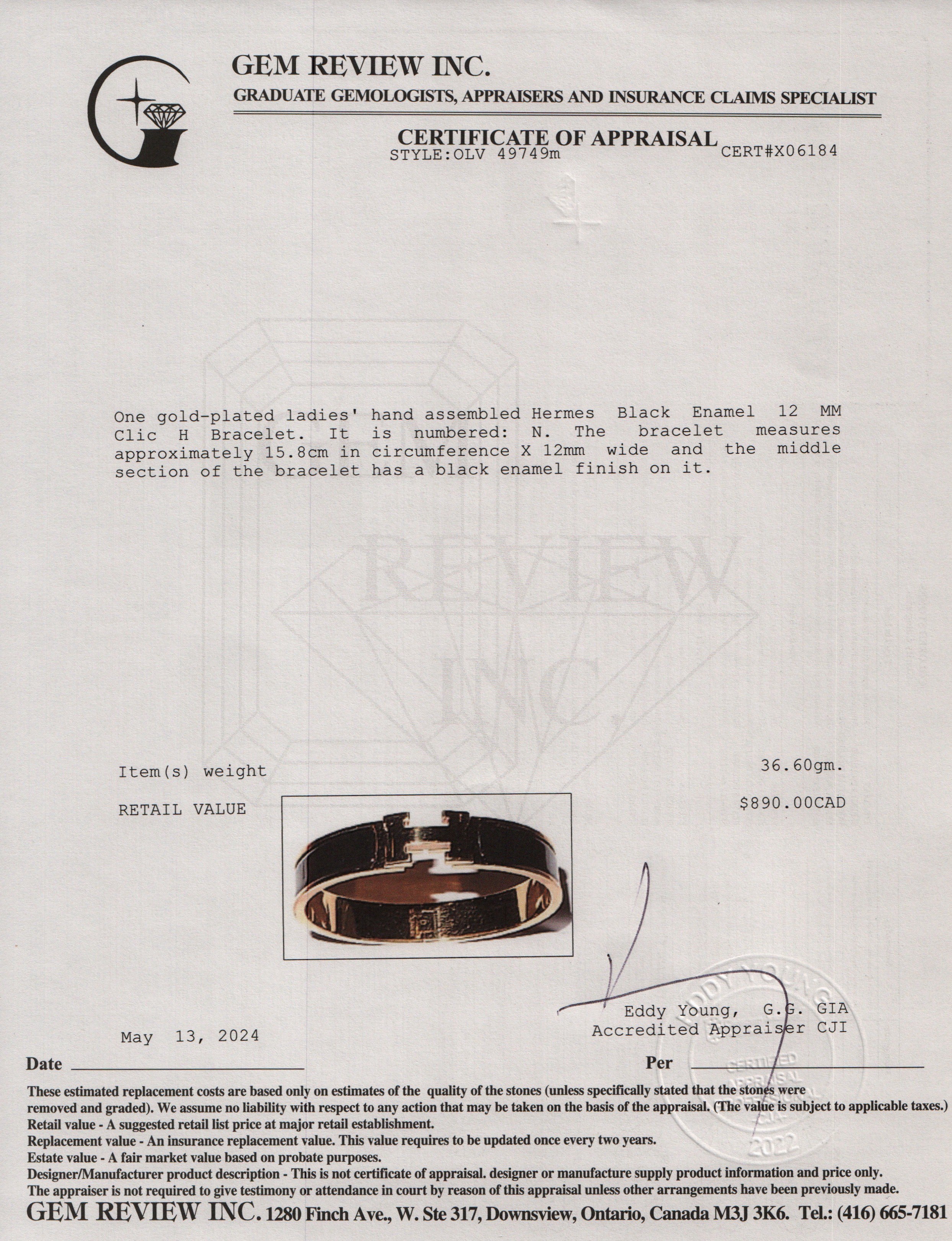 Hermes Yellow Gold-Plated Black Enamel 12 MM Clic H Bracelet