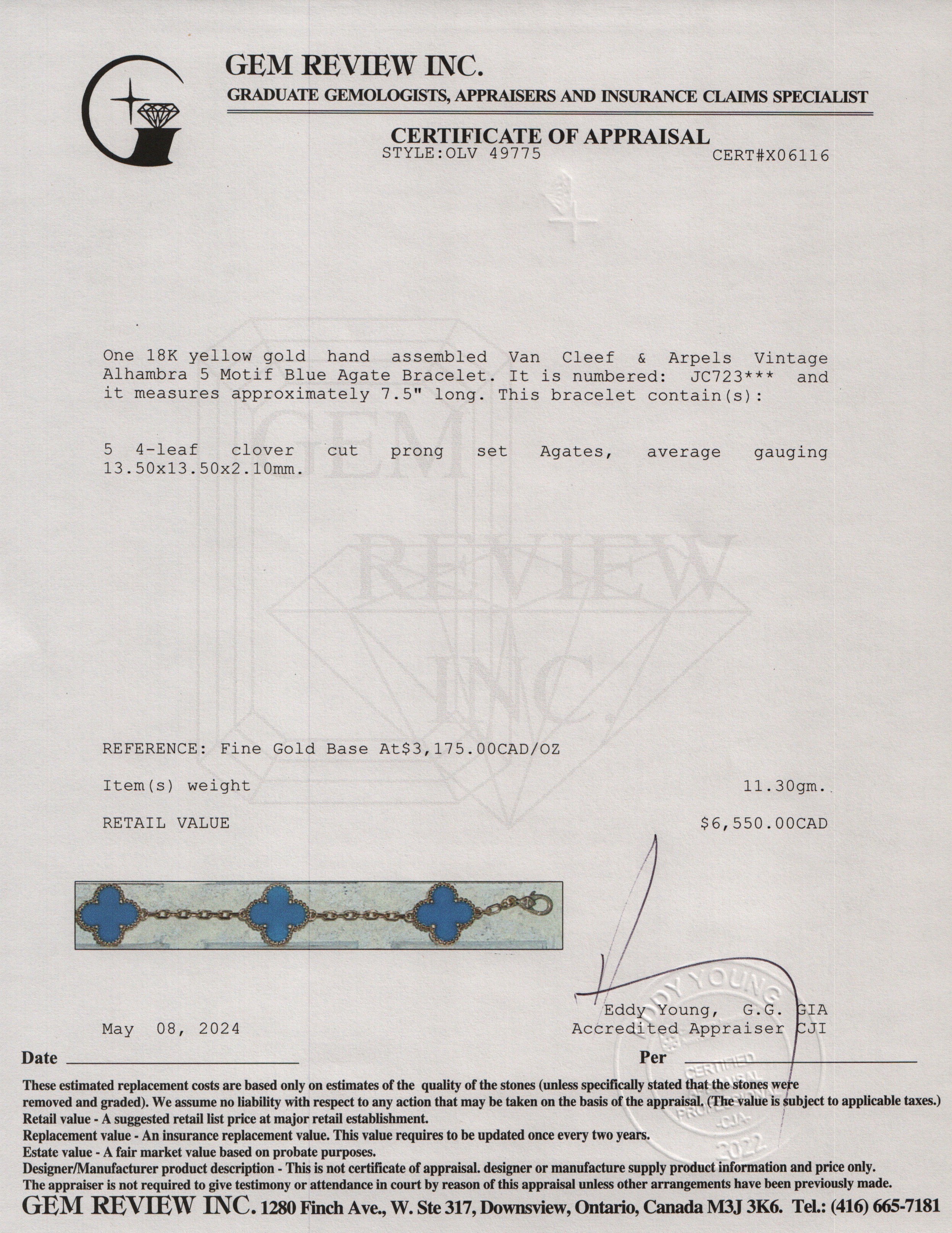 Van Cleef & Arpels 18k Yellow Gold Vintage Alhambra 5 Motif Blue Agate Bracelet