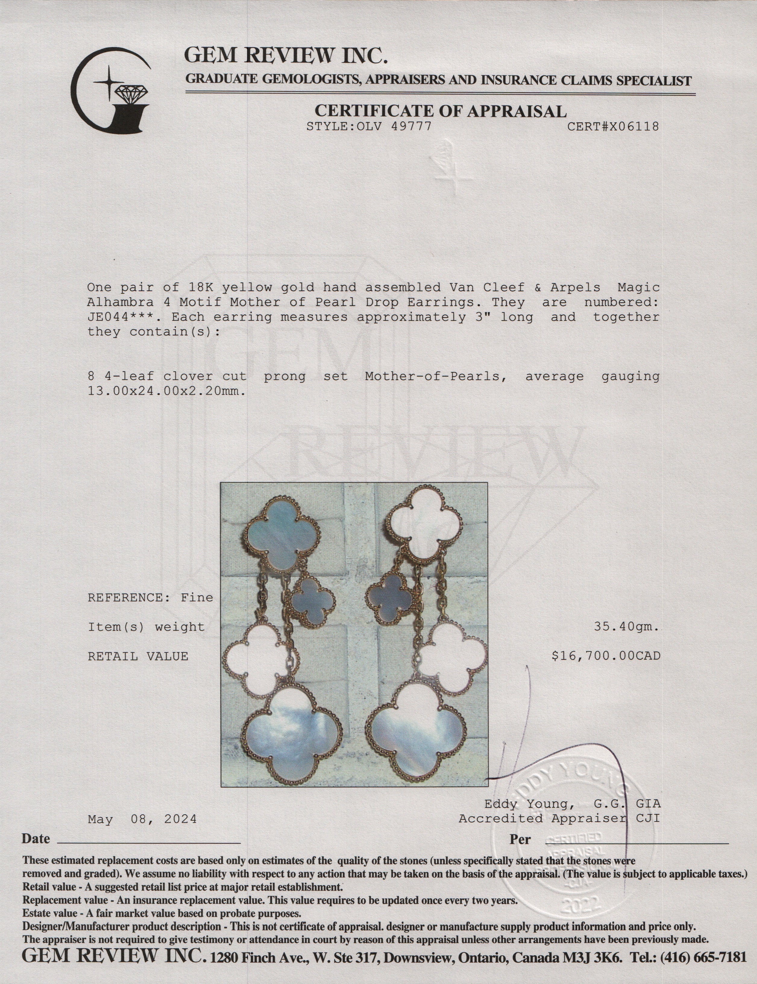 Van Cleef & Arpels 18k Yellow Gold Magic Alhambra 4 Motif Mother of Pearl Drop Earrings