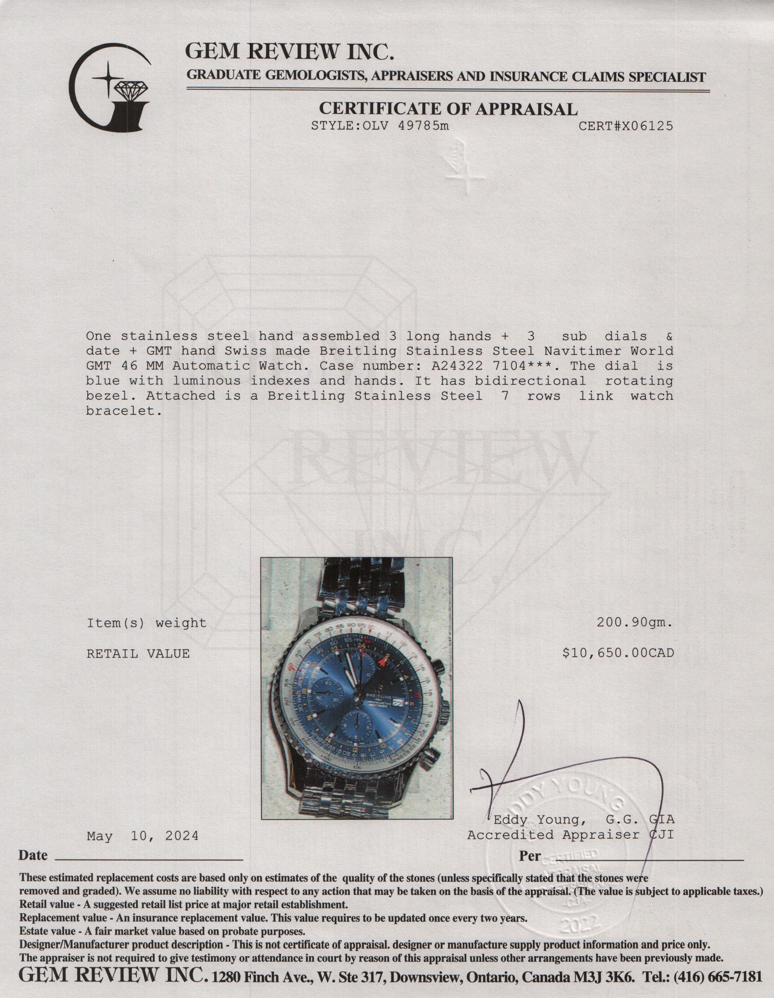 Breitling Stainless Steel Navitimer World GMT 46 MM Automatic Watch w/ Box, Papers & Extra Leather Band