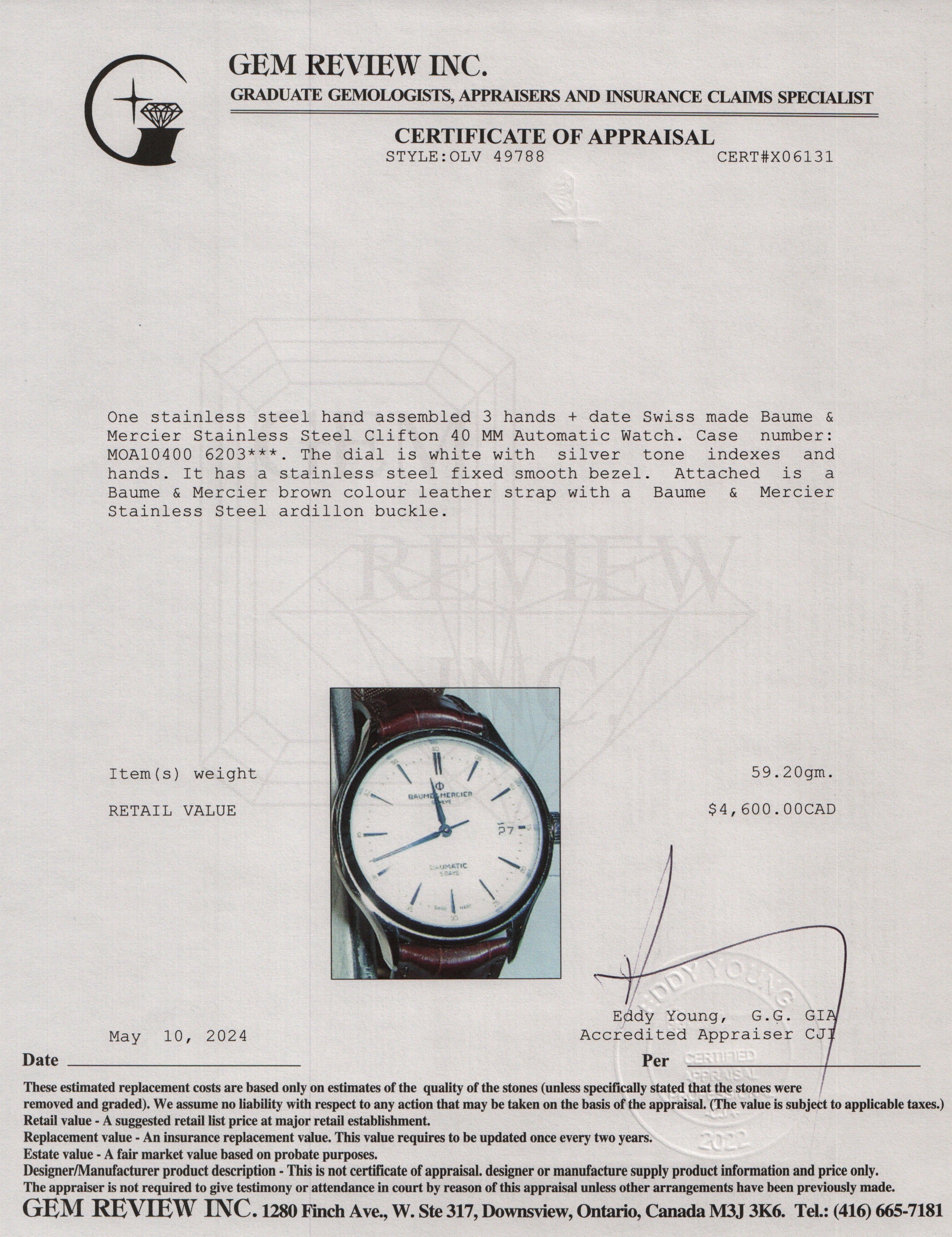 Baume & Mercier Stainless Steel Clifton 40 MM Automatic Watch w/ Box & Papers