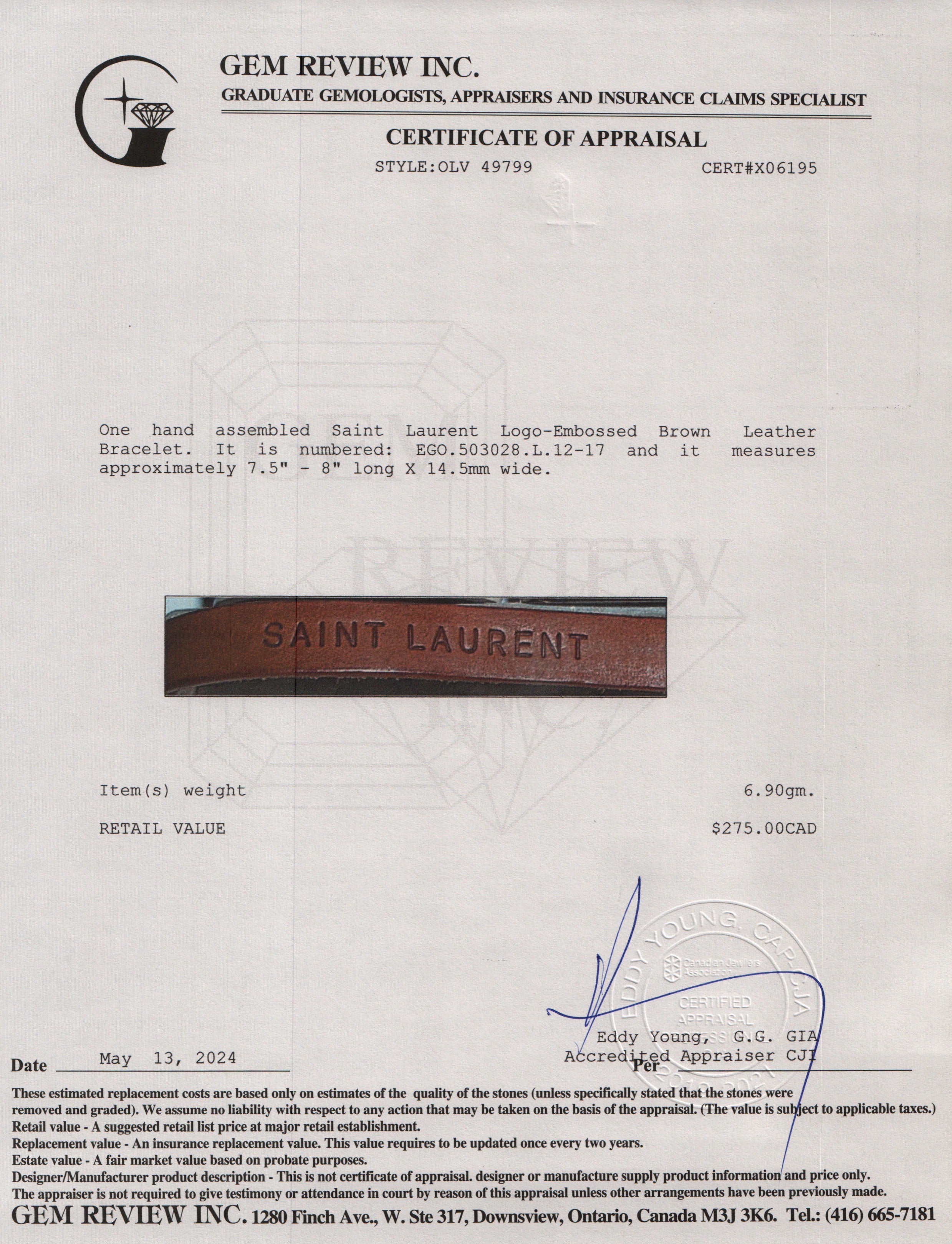 Saint Laurent Logo-Embossed Brown Leather Bracelet w/ Box